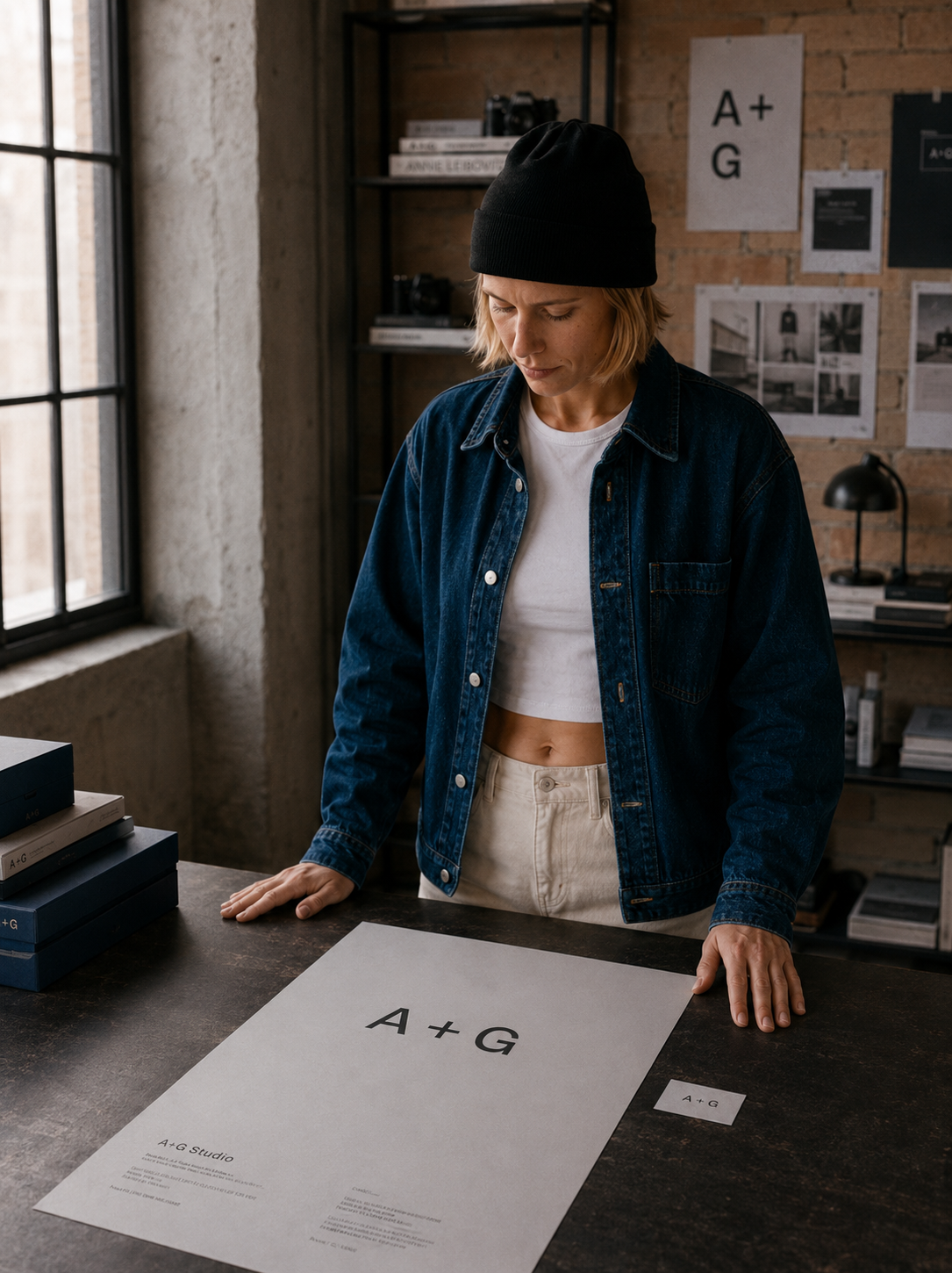 Directrice artistique penchée sur la charte A+G Studio grand format étalée sur table béton avec boîtes navy et tableau de liège