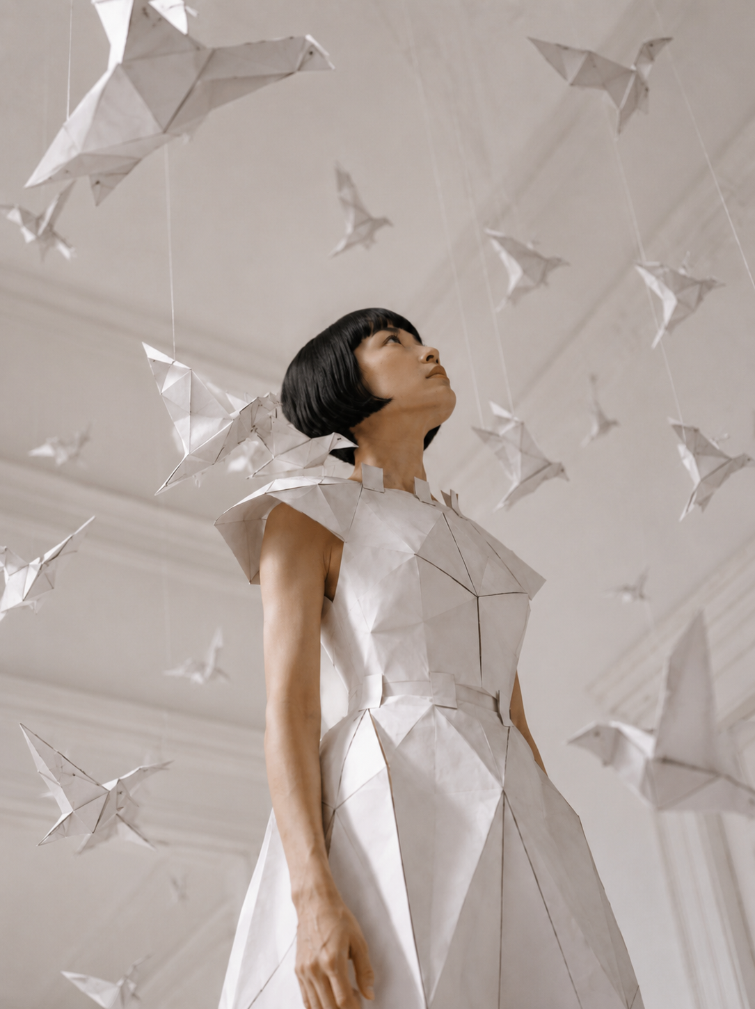 Femme en robe origami sous pluie de grues en papier – contre-plongée salon blanc