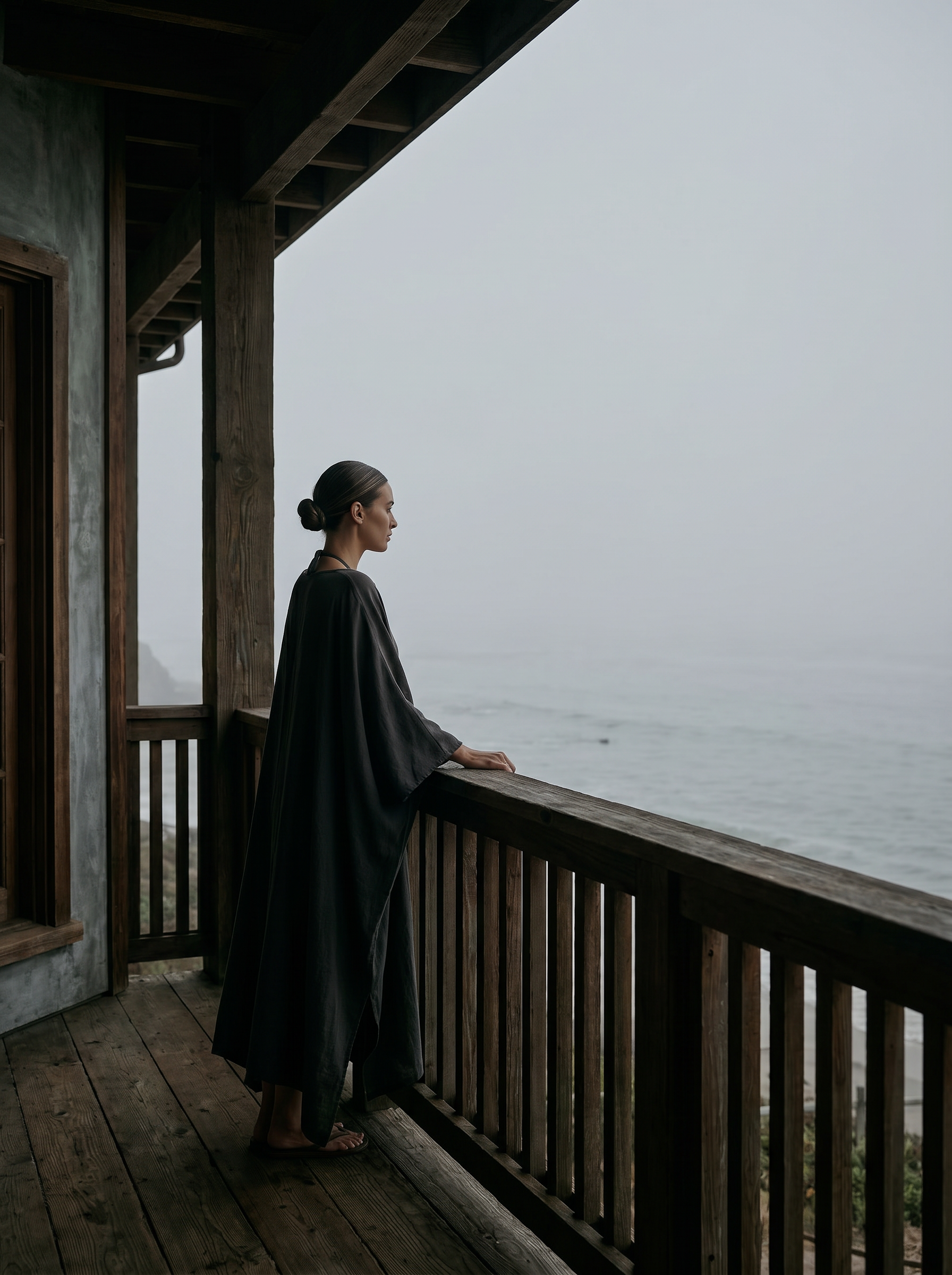 Femme en manteau sombre sur balcon en bois contemplant l'océan dans la brume