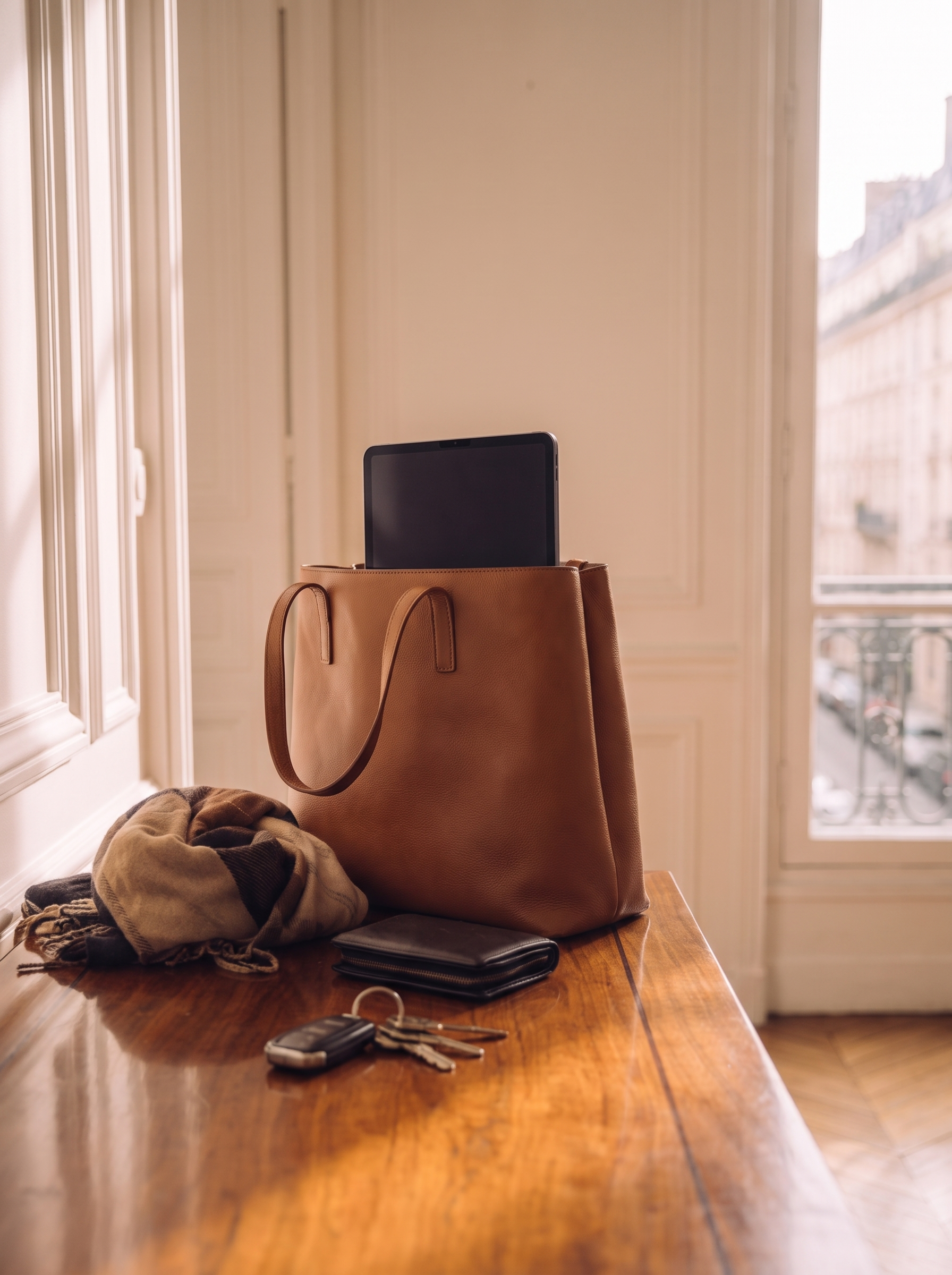 Sac à main en cuir camel avec clés et portefeuille sur une console parisienne lumineuse