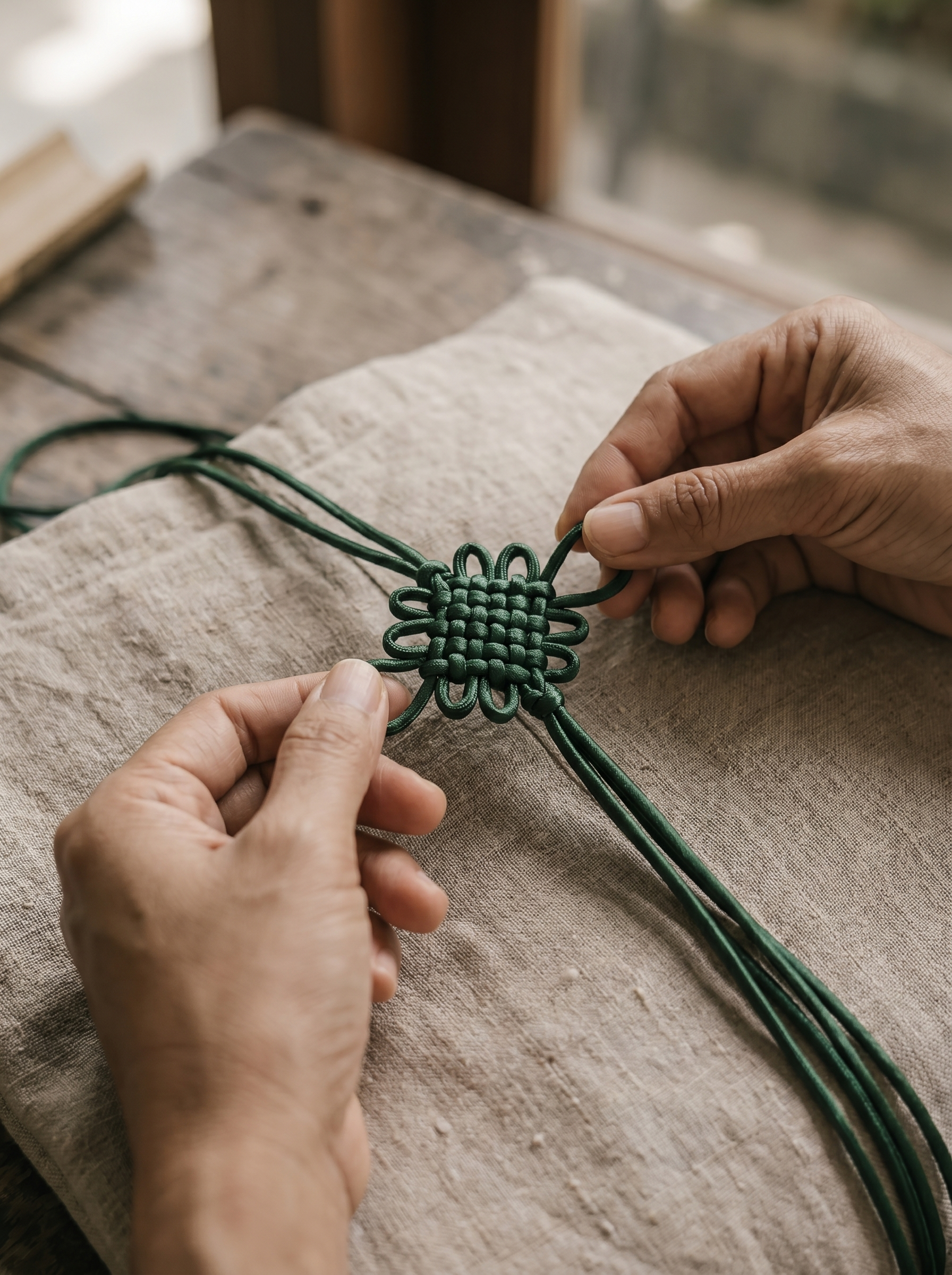 Mains d'artisan tressant un nœud décoratif chinois en cordon vert foncé sur tissu en lin naturel