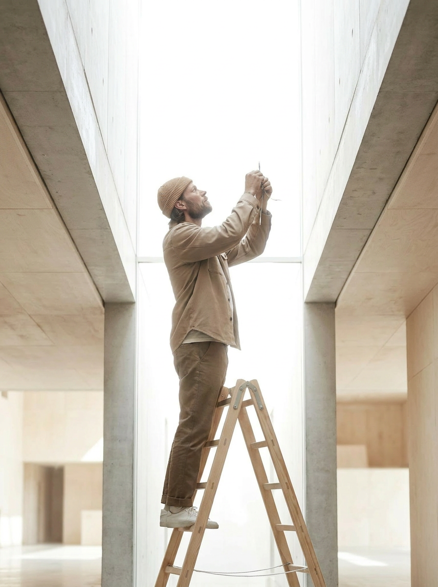 Homme sur un escabeau installant un éclairage dans une faille lumineuse entre deux murs en béton