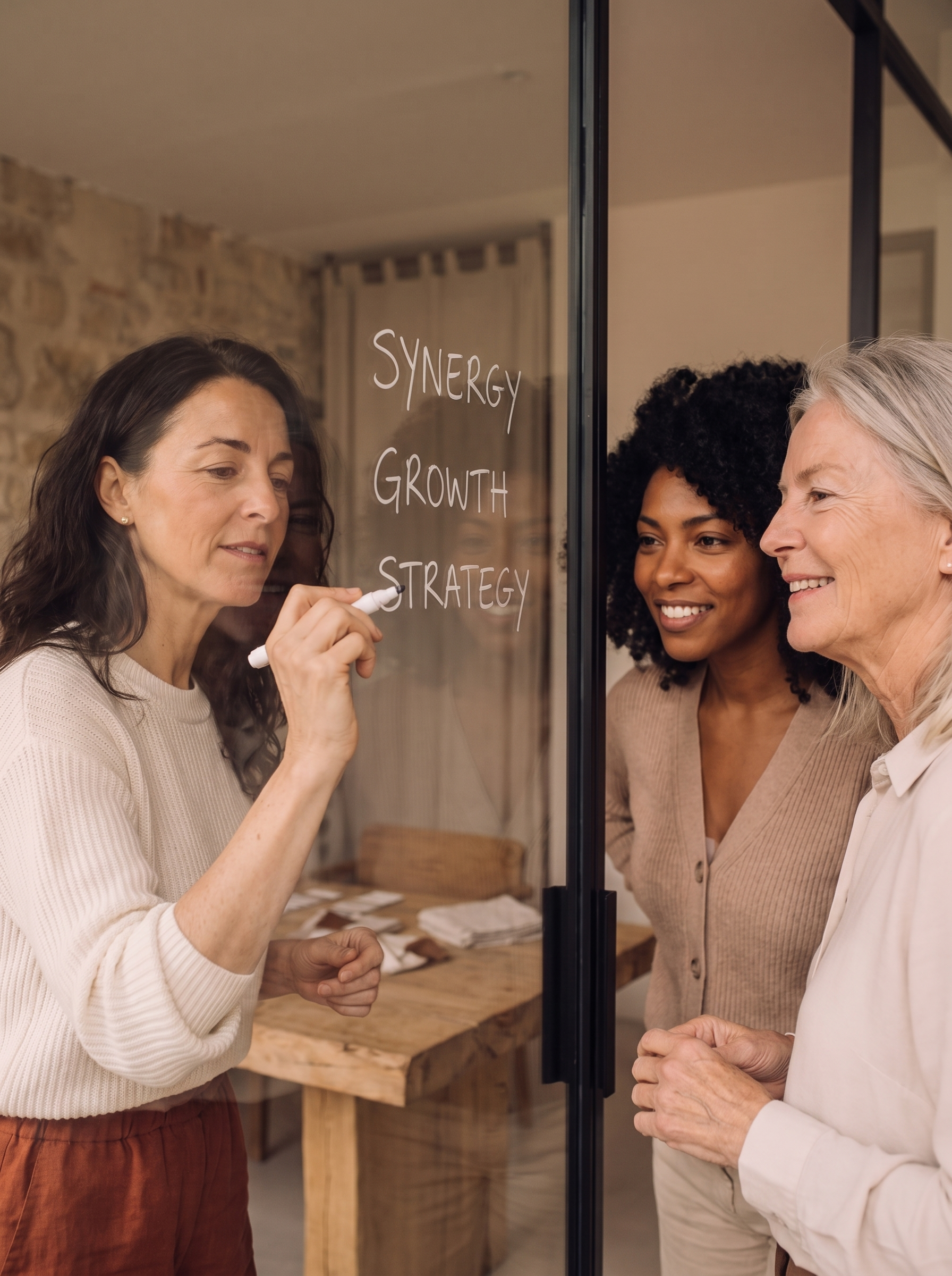 Femme écrivant Synergy Growth Strategy sur une vitre devant deux collègues souriantes