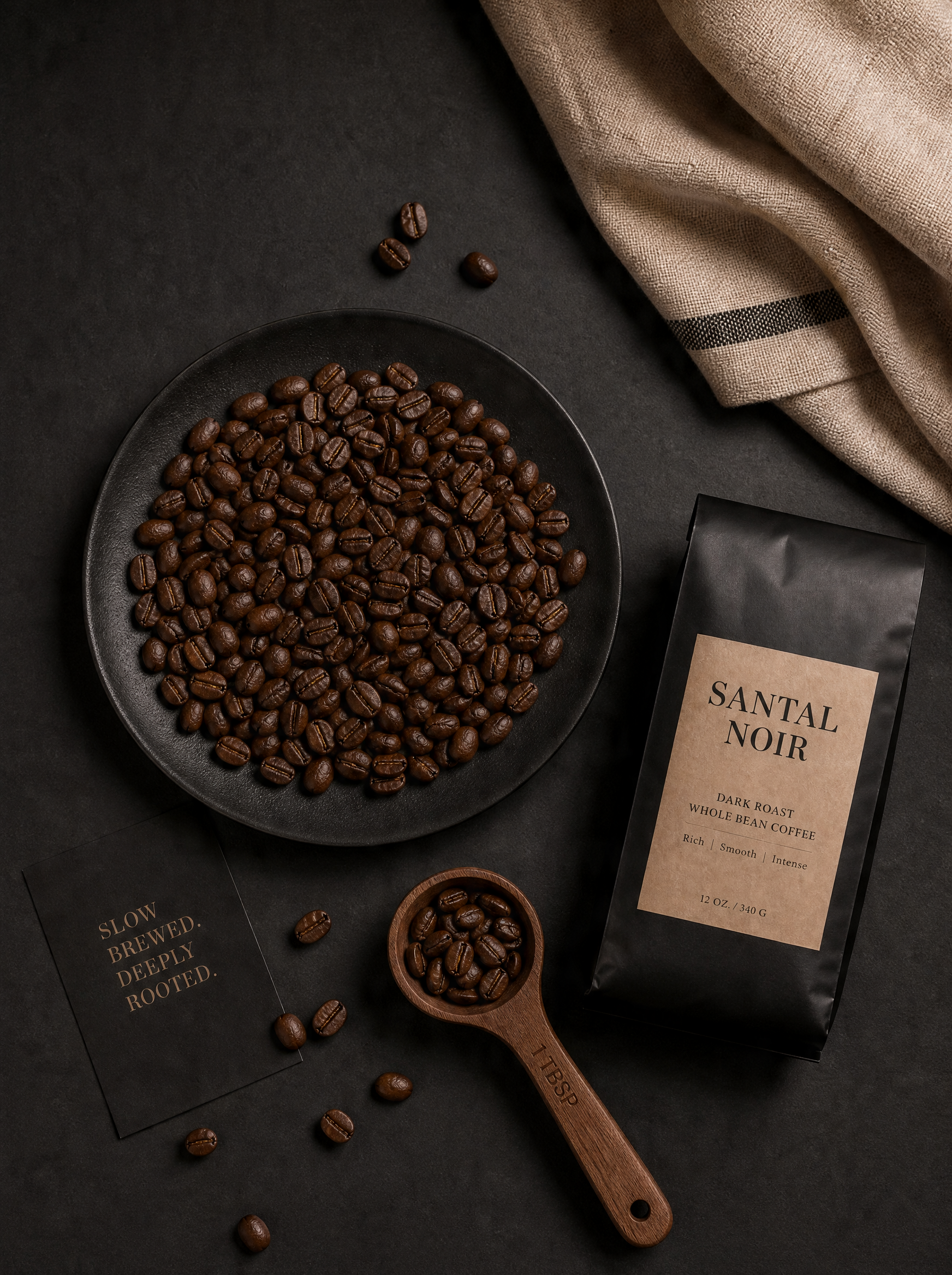 Vue aérienne sombre – assiette grains café, sachet artisanal, cuillère doseur, jute, fond noir