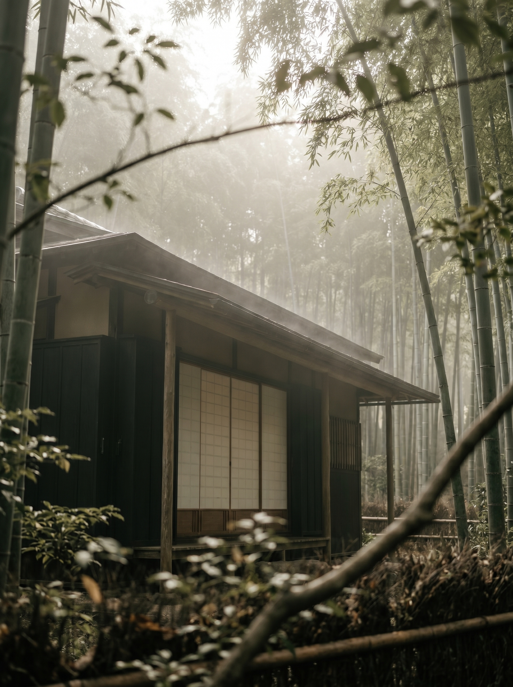 Pavillon japonais traditionnel dans bambouseraie brumeuse – shoji blanc, jardin zen