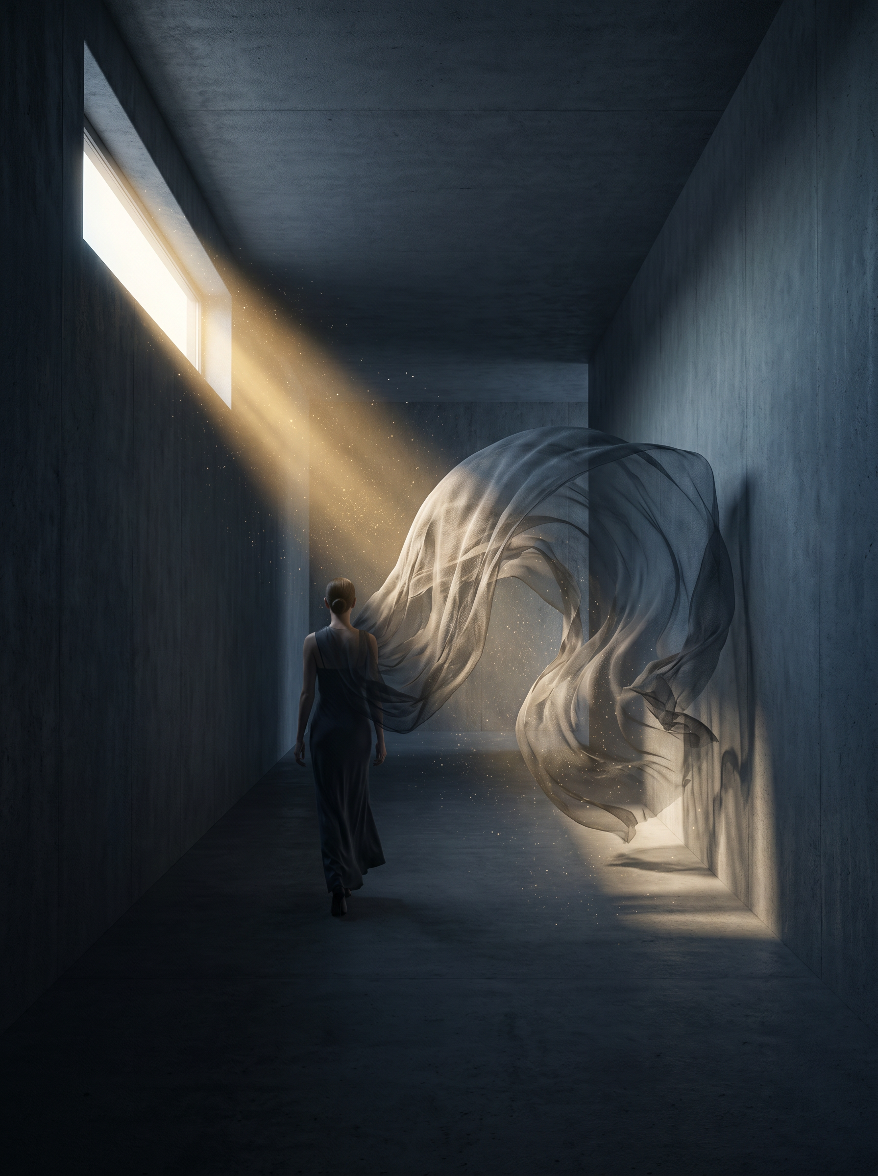 Silhouette femme dans couloir béton sombre – grand voile blanc tourbillonnant, rayon de lumière