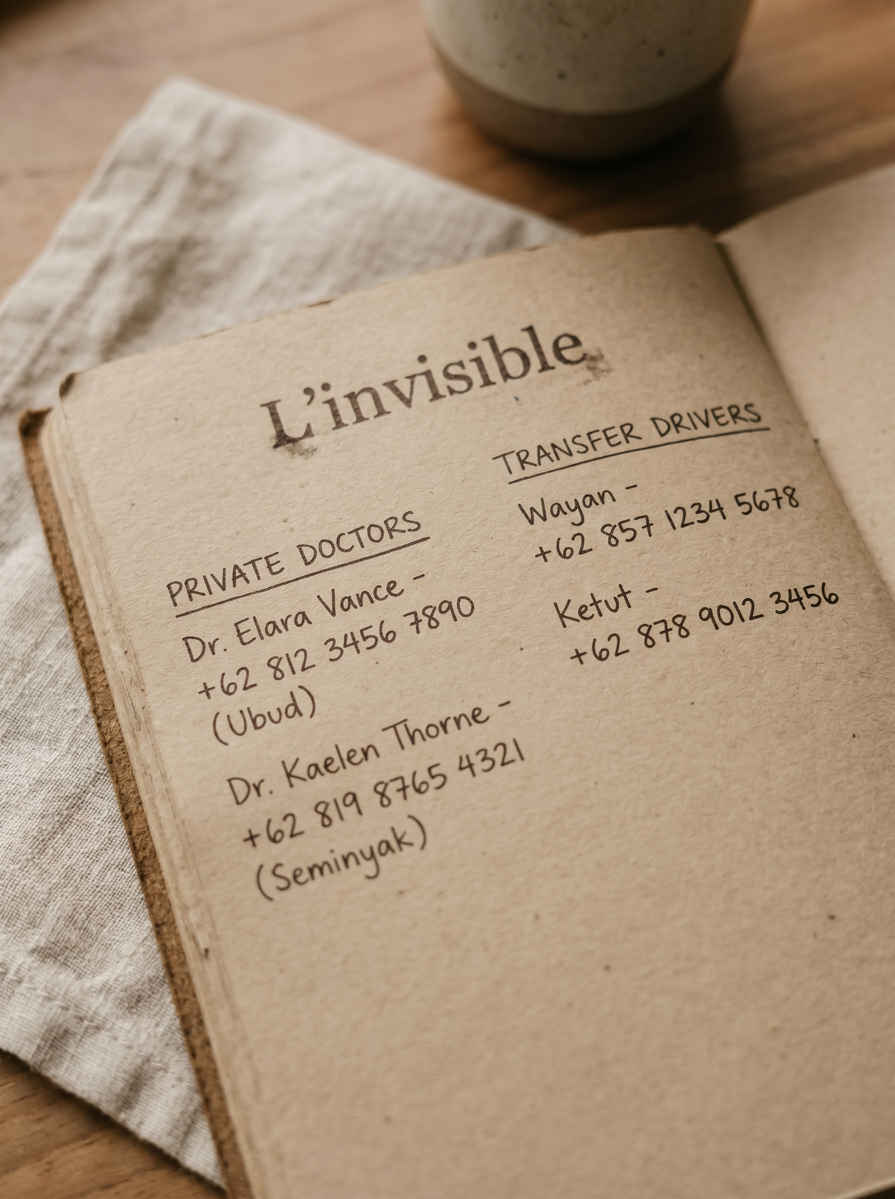 Carnet beige « L'invisible » avec liste de contacts locaux : médecins privés et chauffeurs de transfert à Bali (Ubud, Seminyak)
