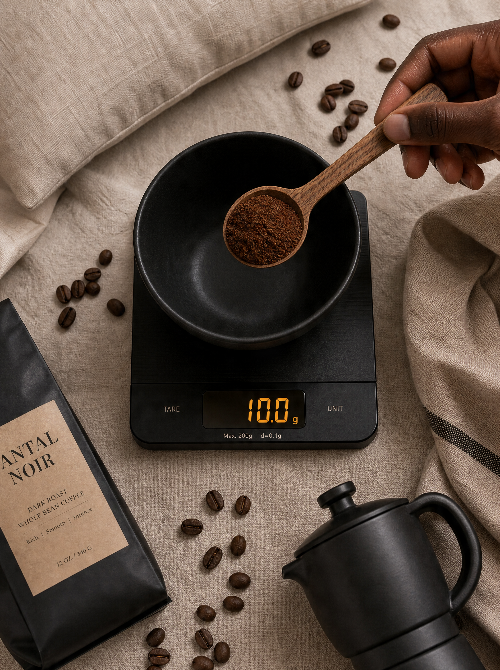 Dosage café moulu sur balance numérique – cuillère bois, sachet artisanal noir, cafetière, fond lin sombre