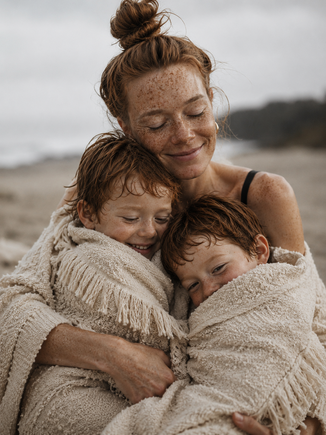 Mère embrassant ses fils emmitouflés dans une serviette à la plage