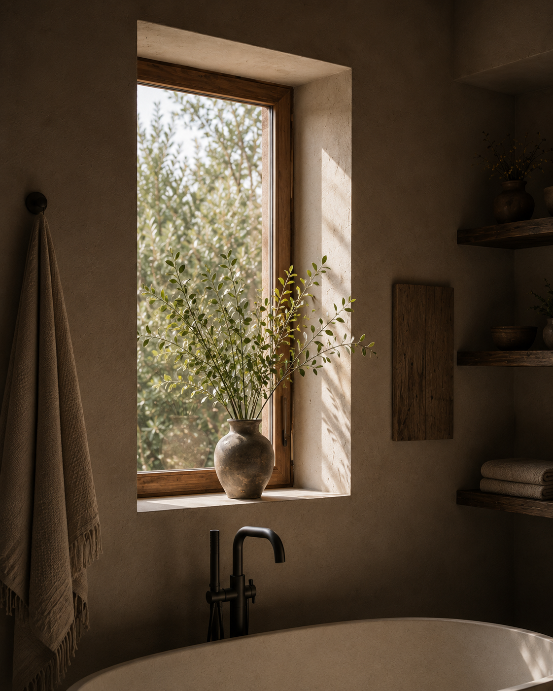Salle de bain avec baignoire béton, fenêtre sur jardin, vase en branches vertes et robinet arc noir mat