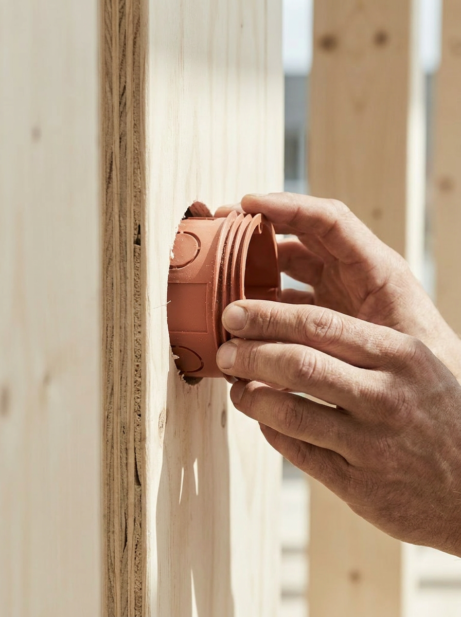 Main posant un boîtier d'encastrement terracotta dans une cloison en bois