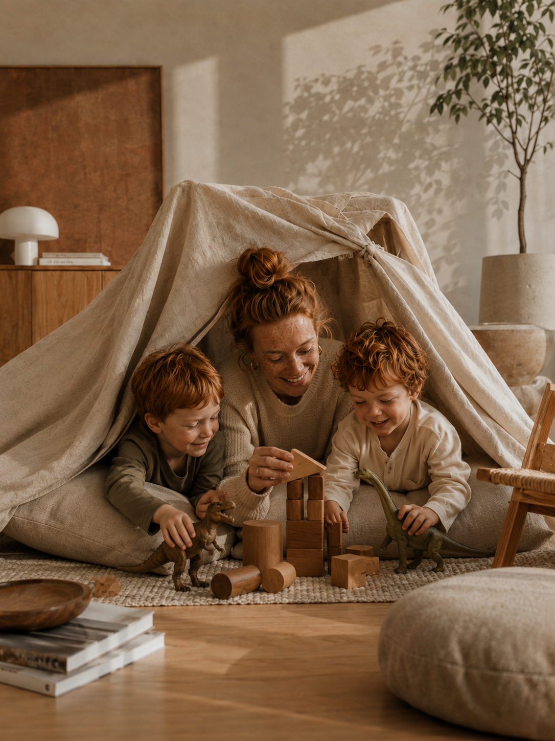 Mère et deux enfants roux jouant sous un tipi de draps – salon minimaliste chaleureux