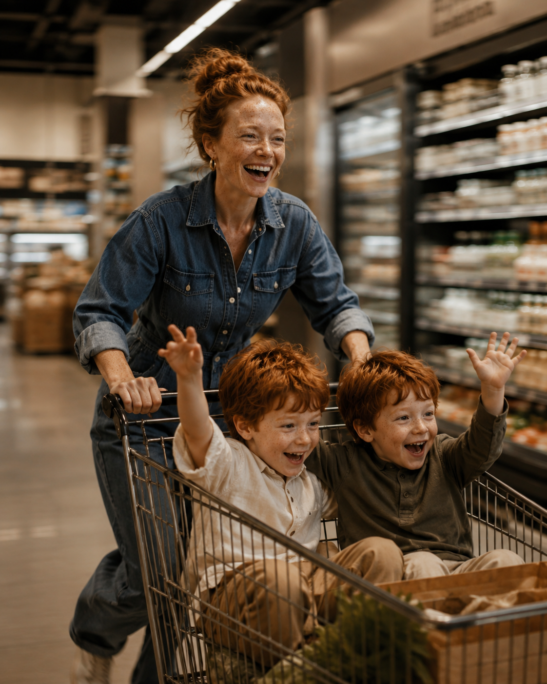 Mère en salopette jean poussant un caddie avec deux enfants roux hilares – supermarché
