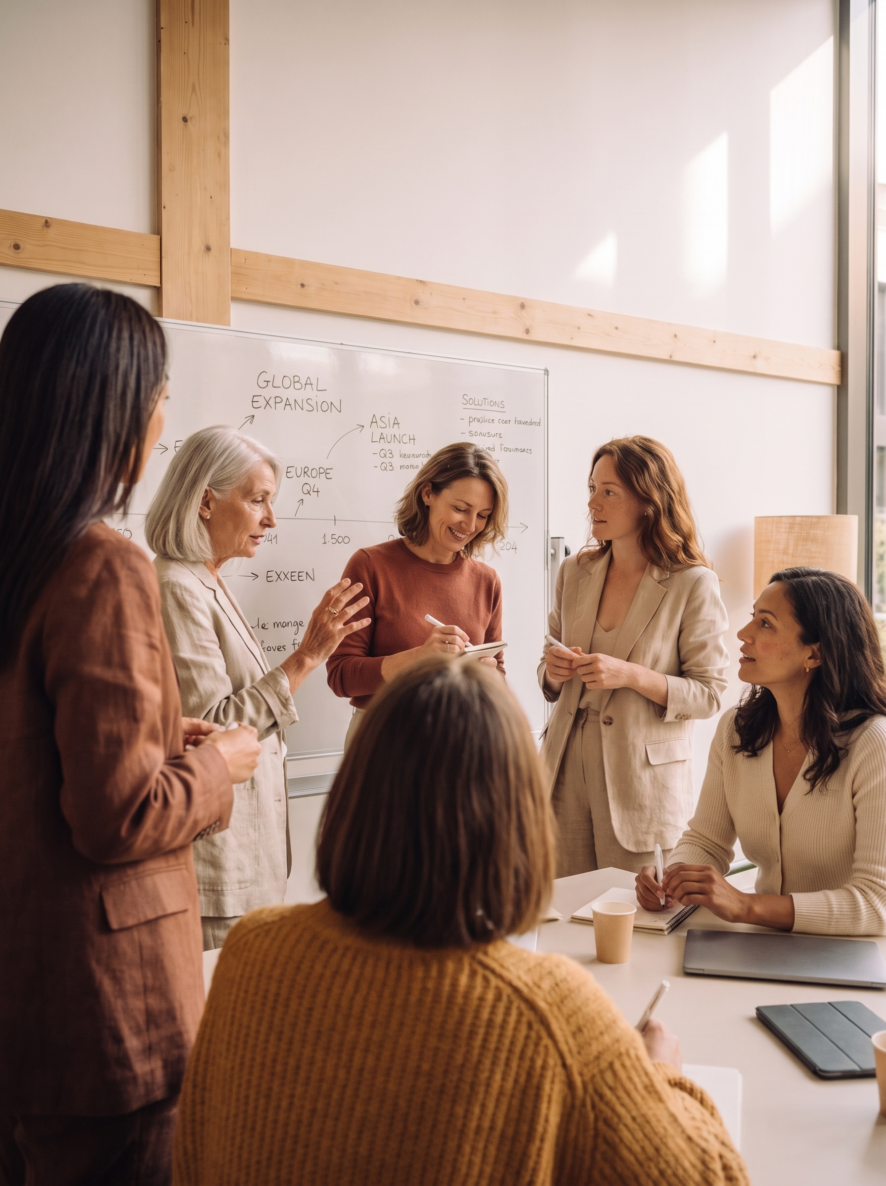 Cinq femmes en réunion stratégique autour d'un tableau Global Expansion dans un bureau