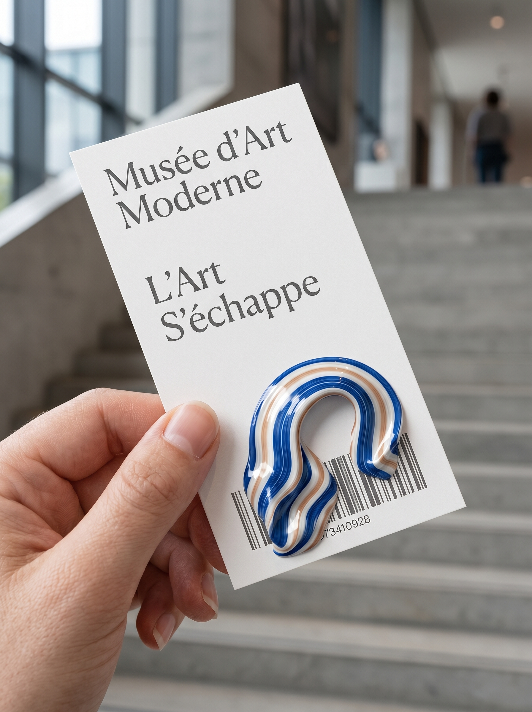 Main tenant carte de musée avec sculpture marbré miniature – escalier musée, exposition