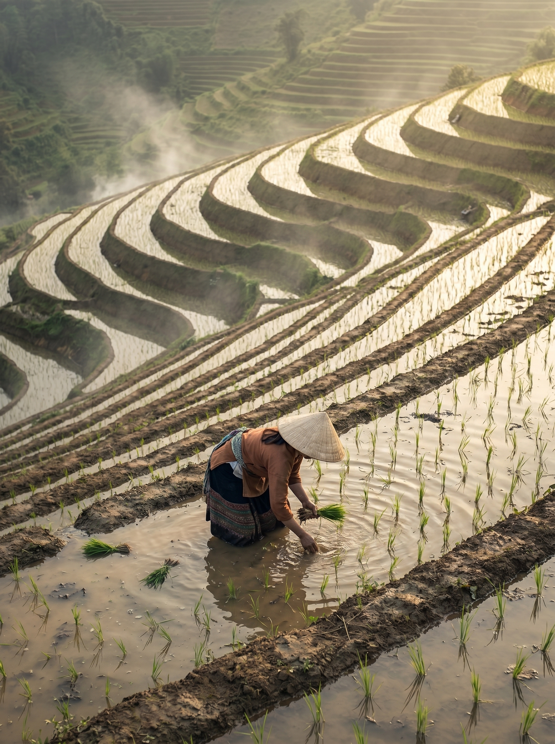 Vue plongeante sur agricultrice en chapeau conique replantant des pousses de riz dans rizières en terrasses brumeuses du matin