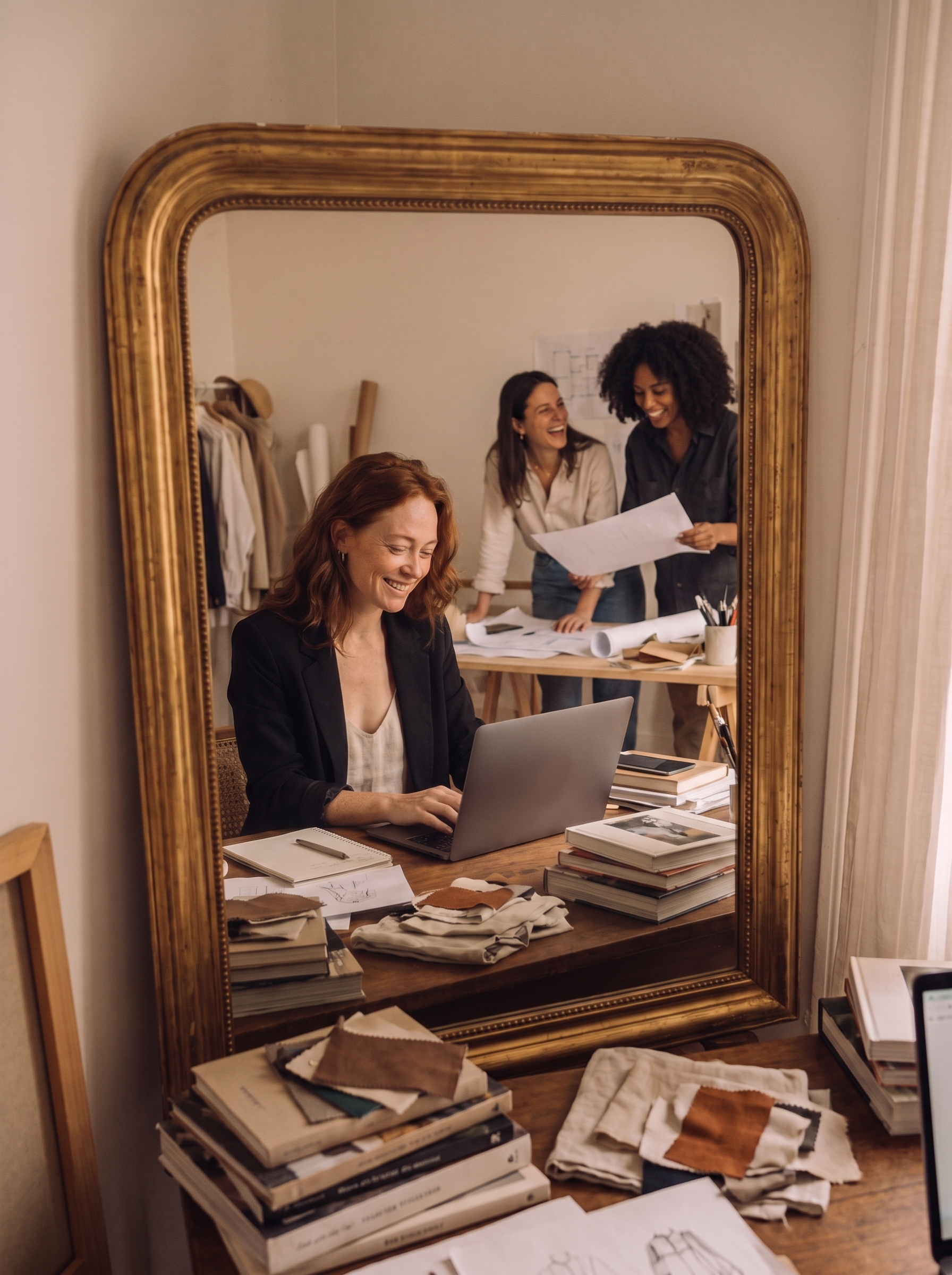 Reflet dans un miroir doré d'un bureau de mode avec femme sur laptop et équipe en fond