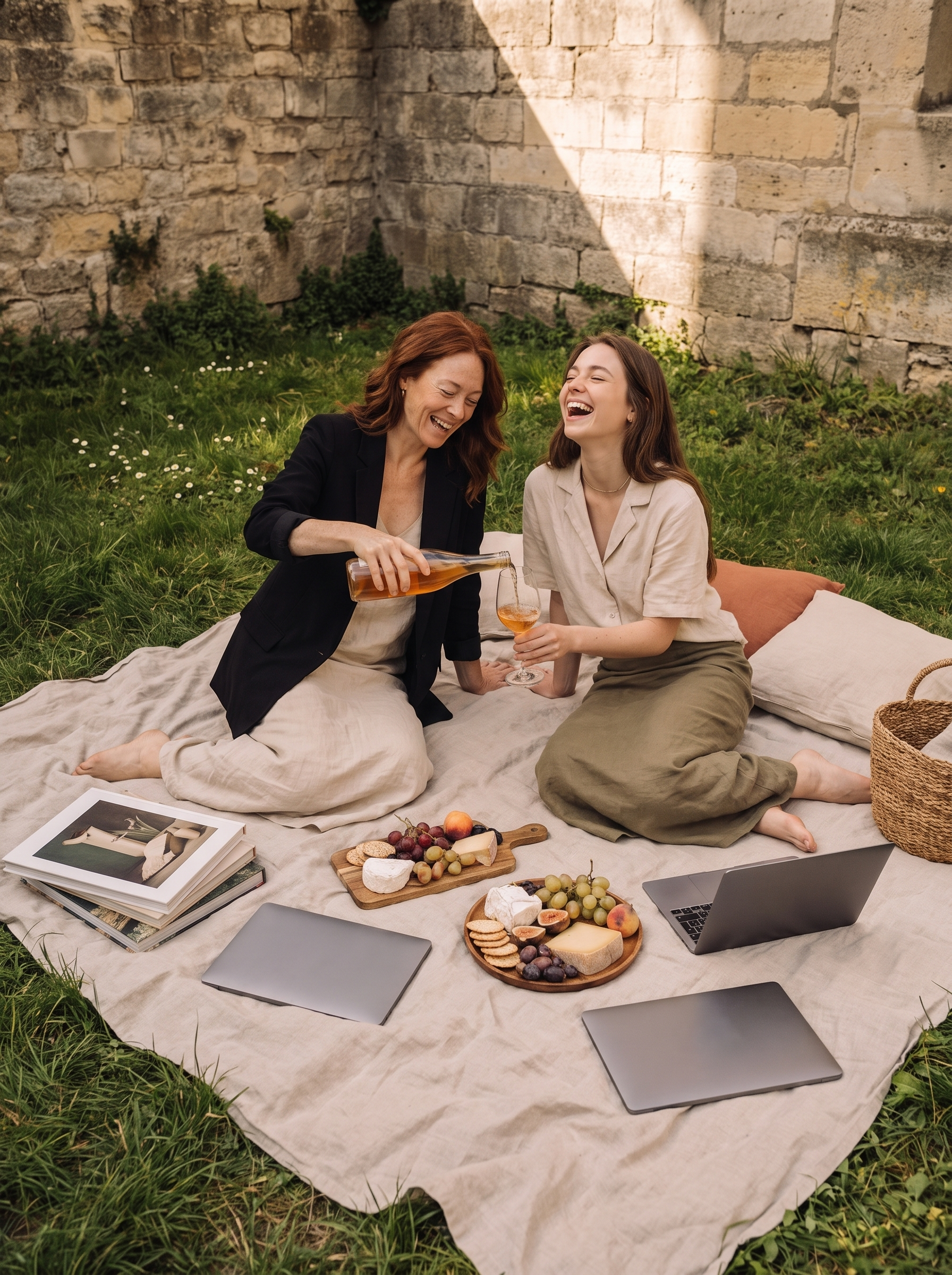Deux associées pique-niquant avec vin et fromages et leurs laptops dans le jardin