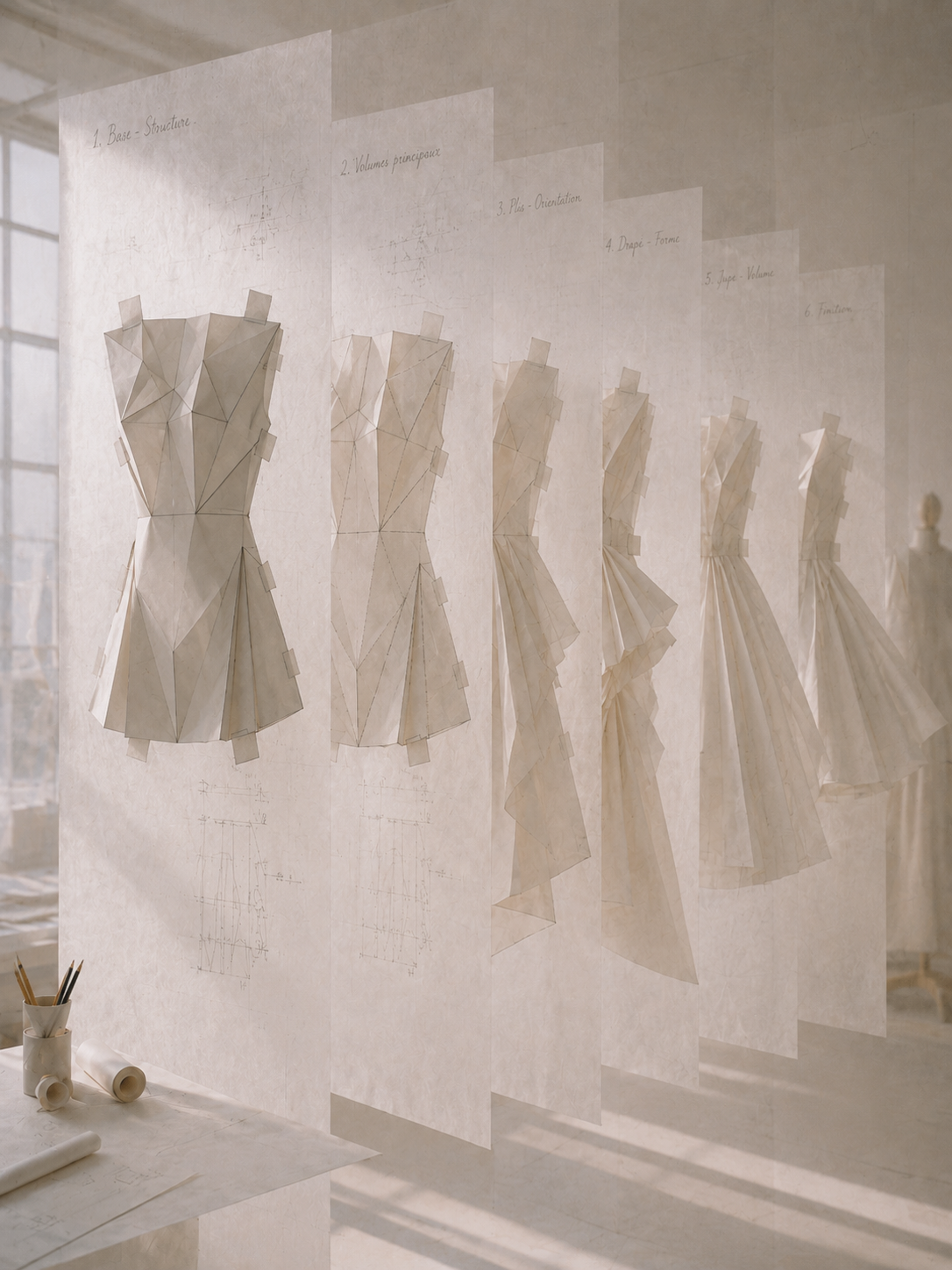 Robes origami miniatures sur mur blanc avec annotations manuscrites – atelier de création mode