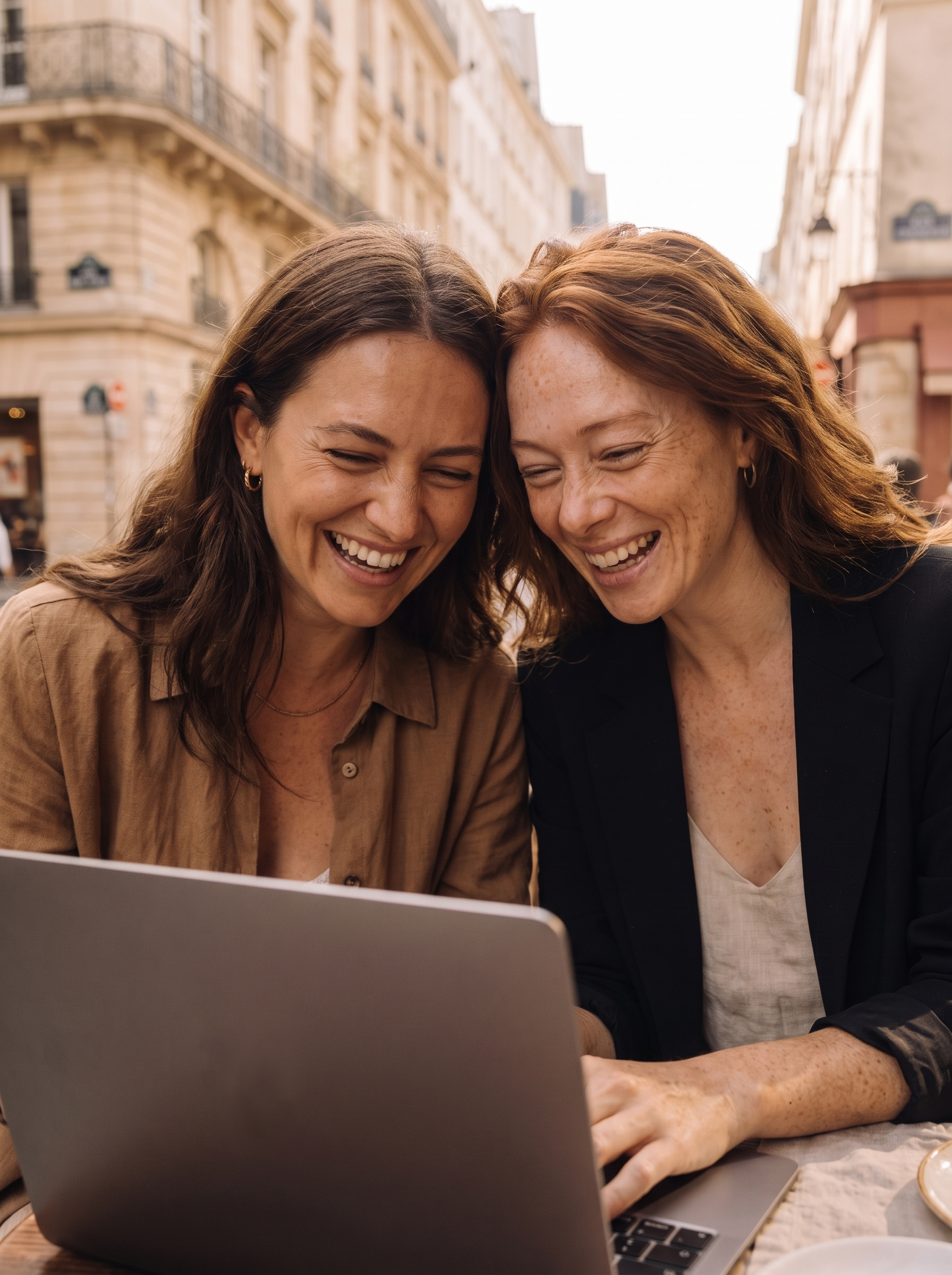 Deux associées riant ensemble devant un laptop en terrasse de café parisien