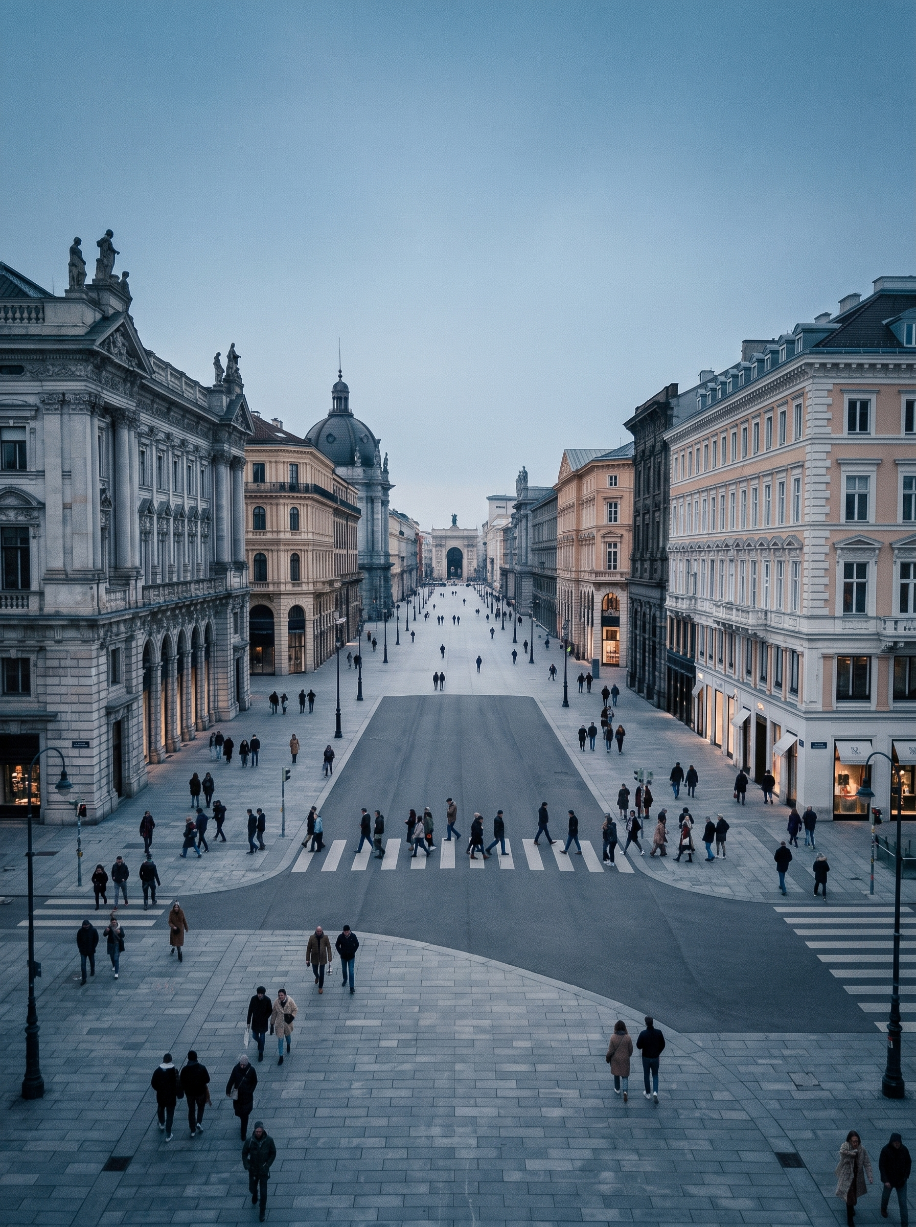 Vue aérienne d'une avenue européenne animée avec perspective vers un arc de triomphe et dôme