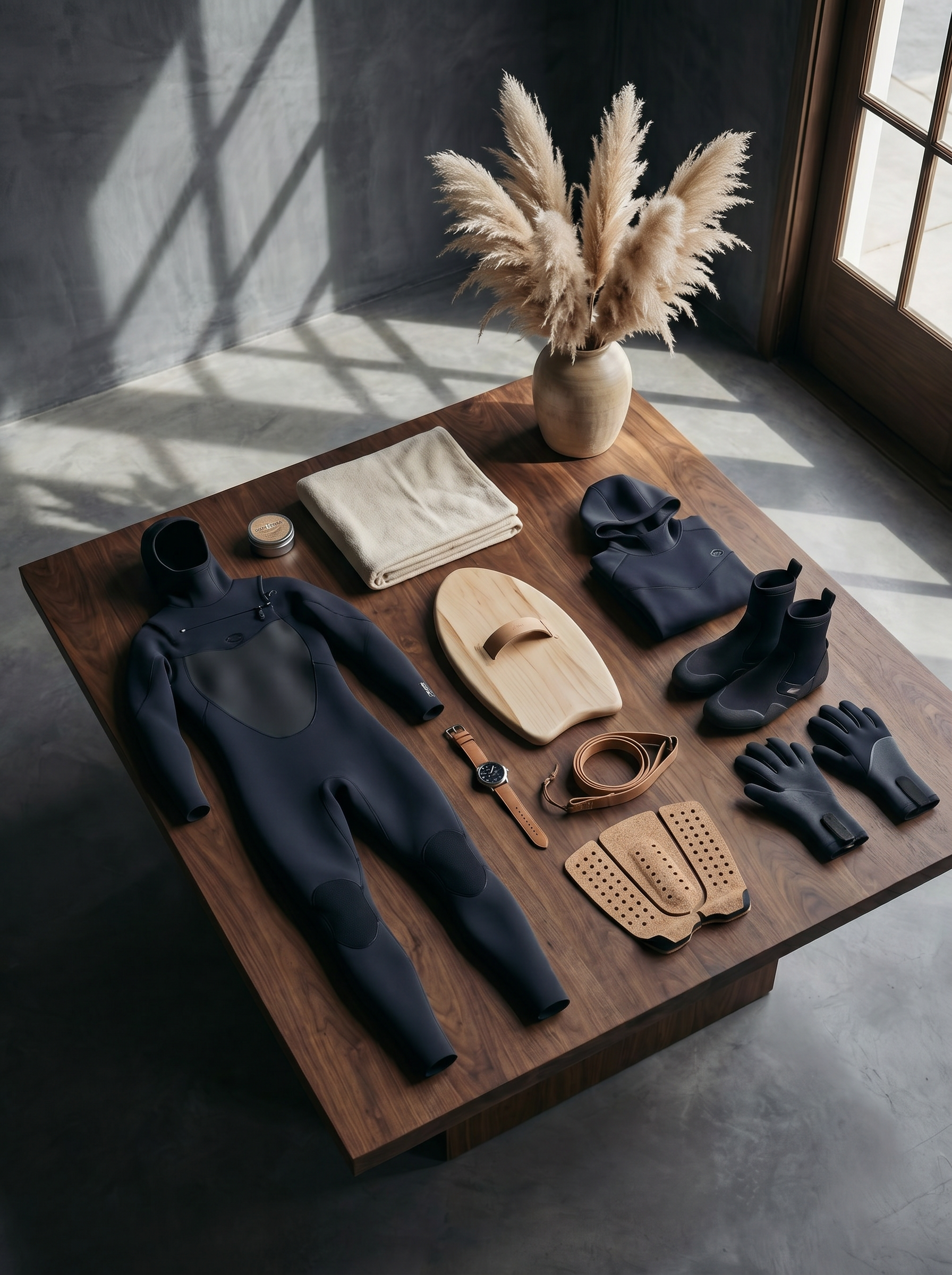 Flatlay de l'équipement complet du surfeur sur table