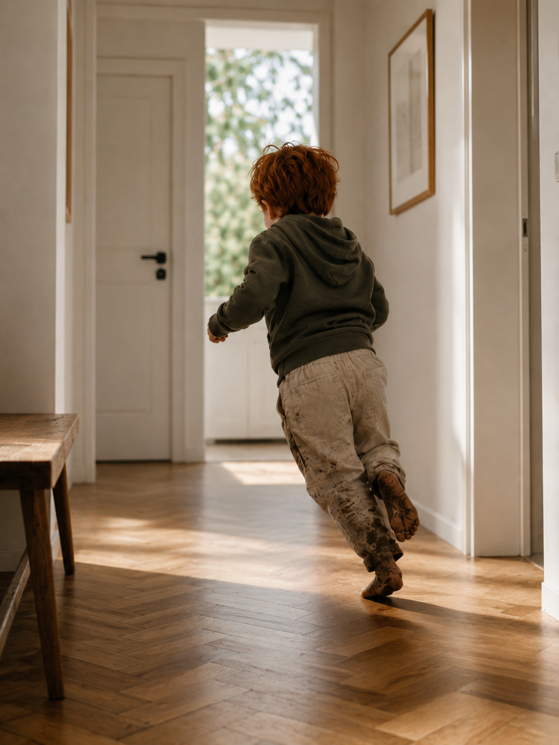 Enfant courant vers la porte d'entrée dans un couloir ensoleillé