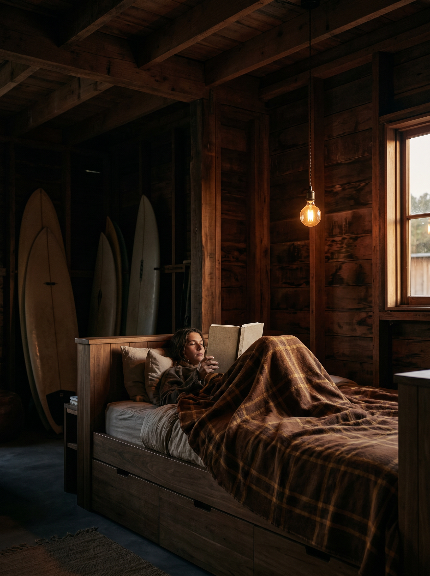 Homme lisant sur un lit dans une cabane en bois rustique avec planches de surf au mur
