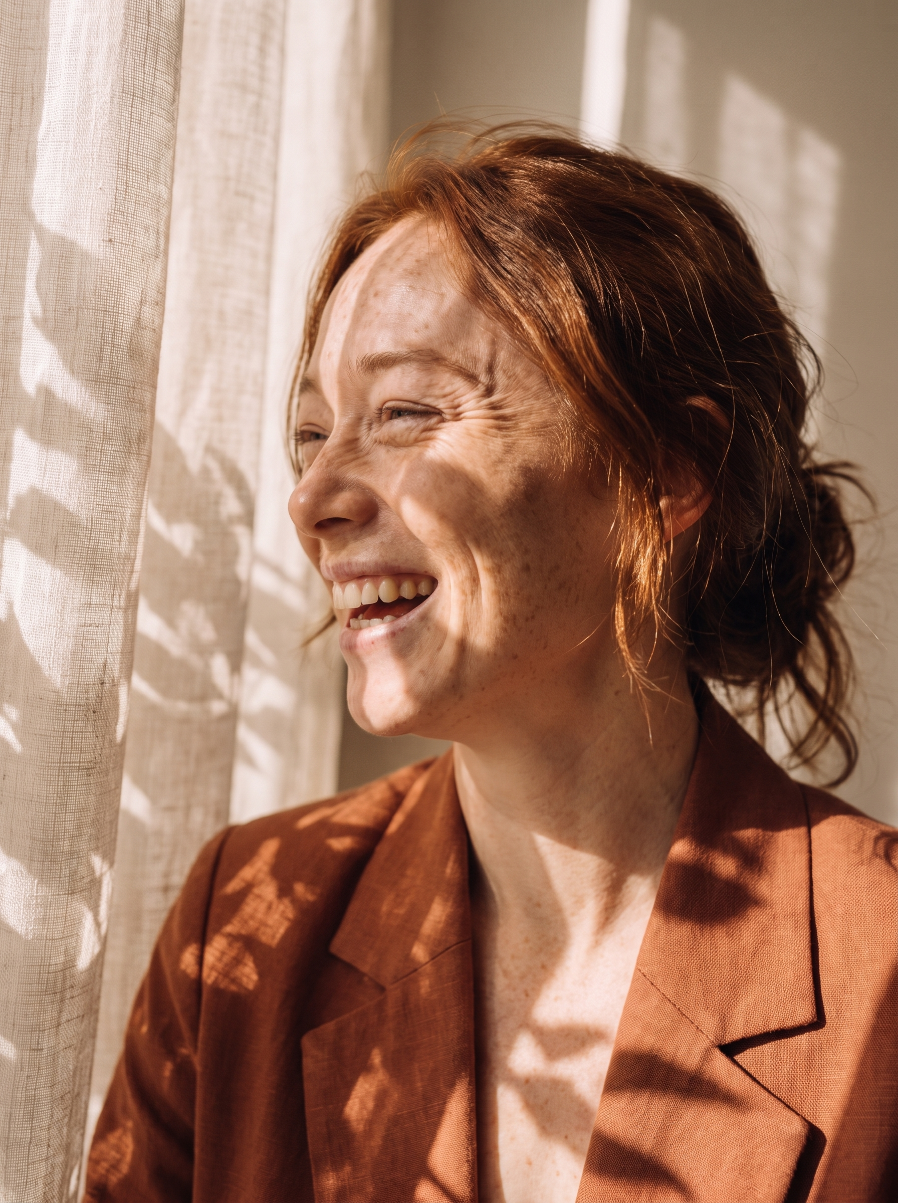 Portrait lumineux d'une femme rousse souriante en blazer terracotta avec jeu d'ombres de feuilles