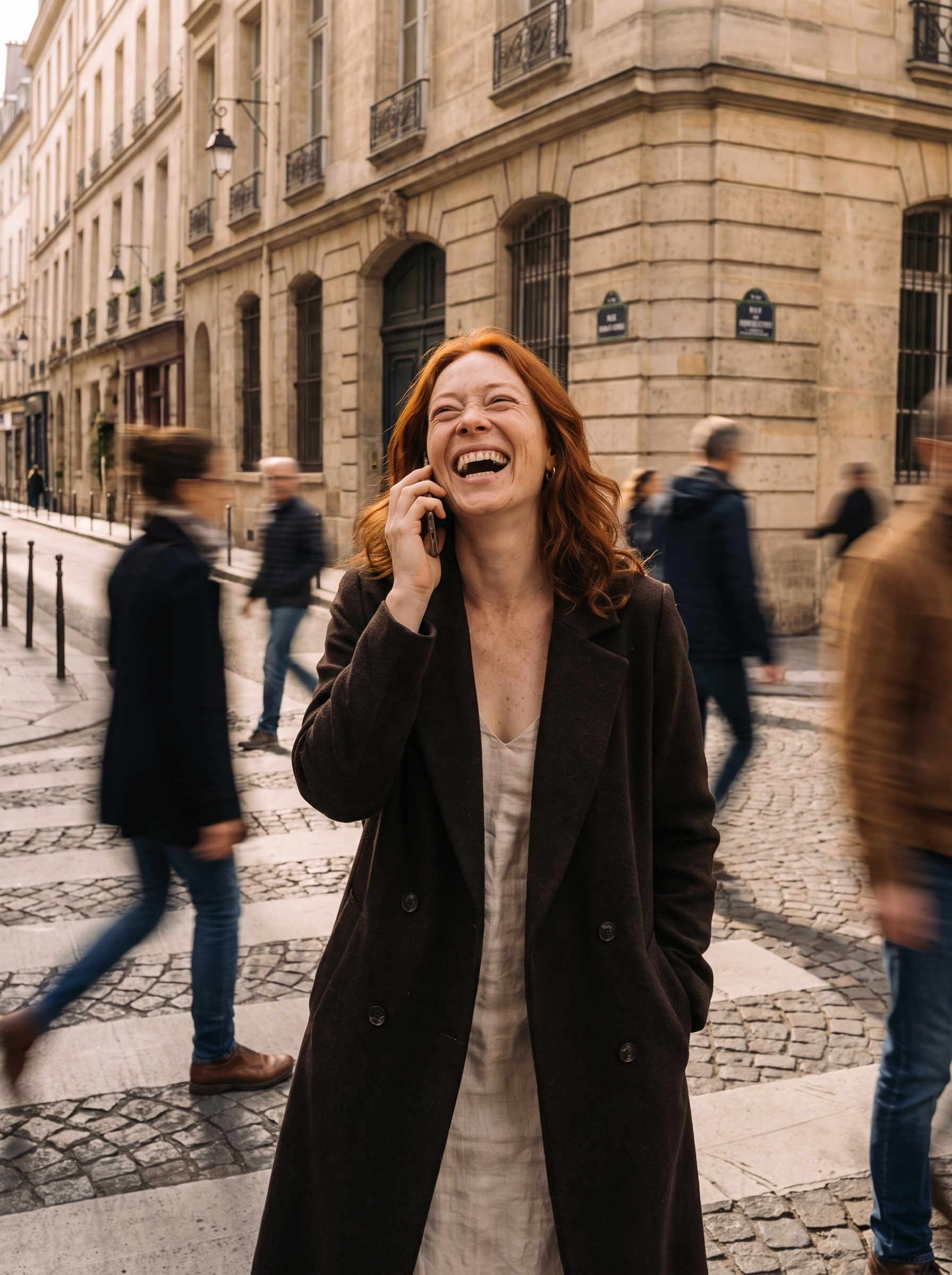 Femme rousse riant au téléphone sur une rue pavée parisienne animée