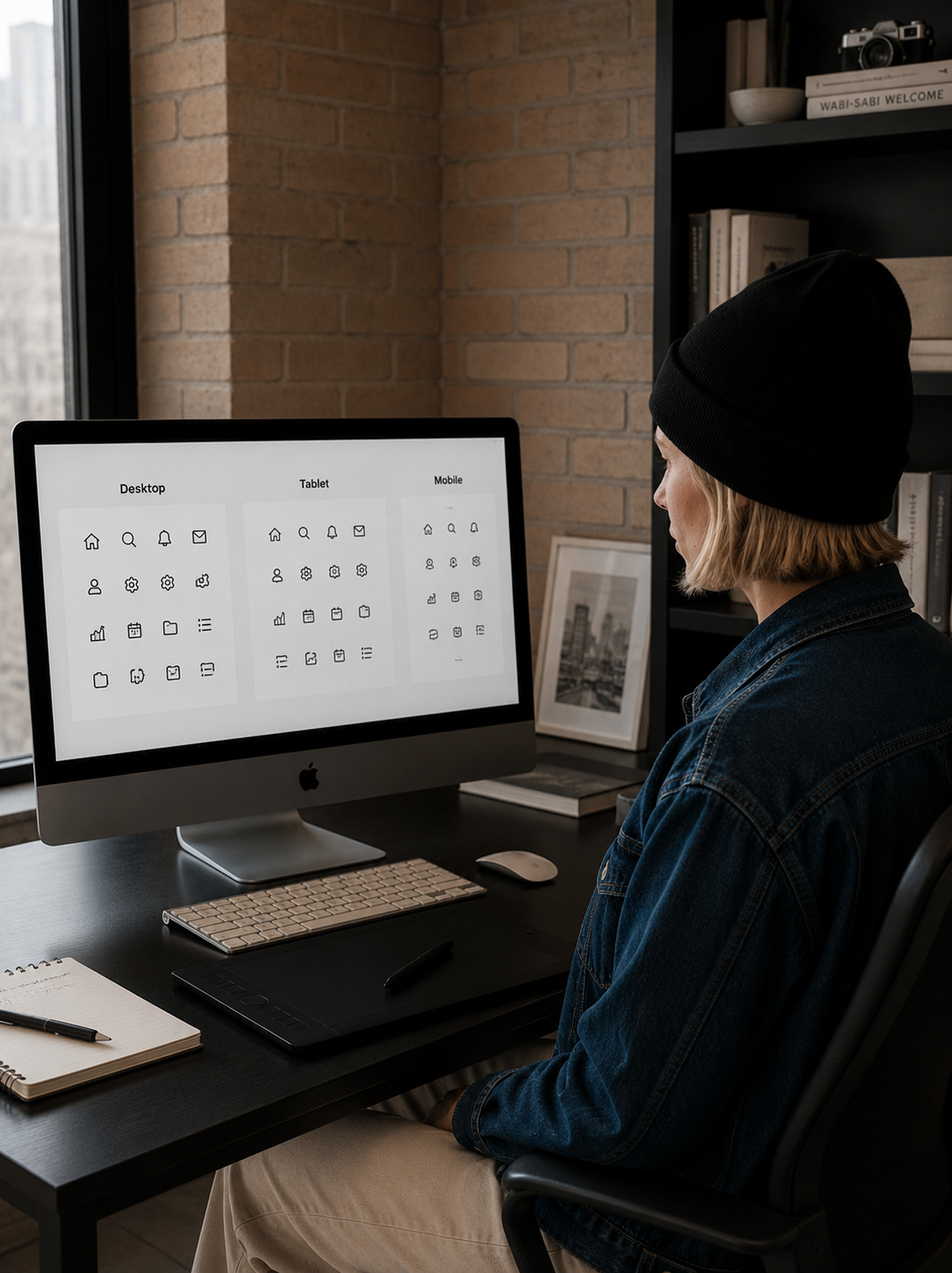 Graphiste de dos sur iMac évaluant la grille complète du système d'icônes UI en trois colonnes de styles