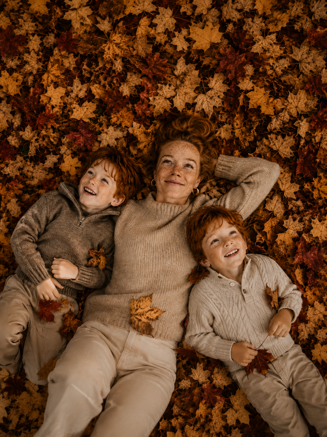 Mère et fils allongés dans les feuilles d'automne