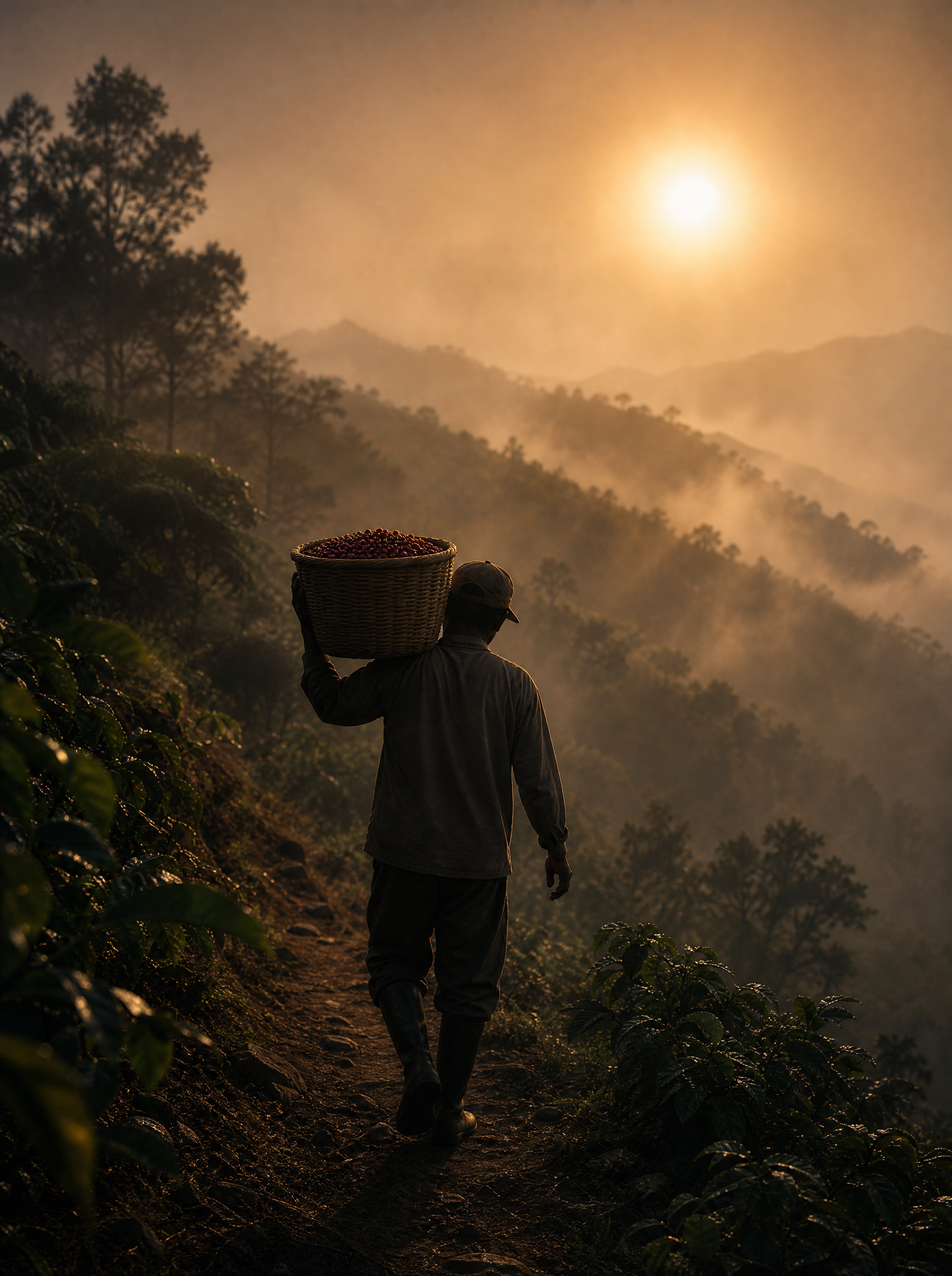Récolteur de café portant panier de cerises – chemin plantation, coucher de soleil brumeux, montagne