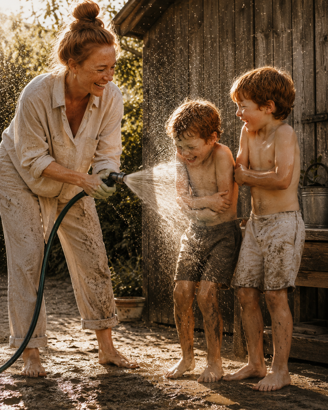 Mère arrosant ses fils couverts de boue dans le jardin