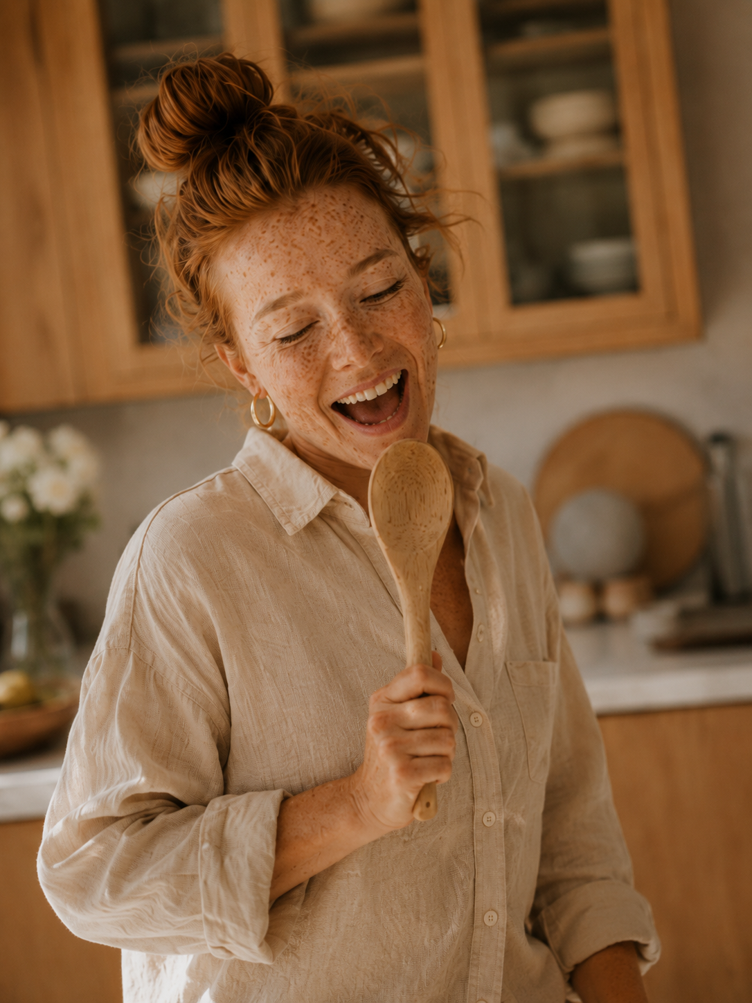 Femme rousse chantant dans sa cuisine avec une cuillère en bois