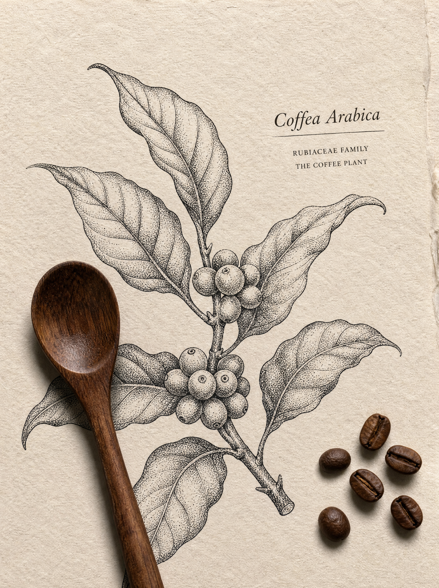 Illustration botanique caféier arabica sur papier artisanal – cuillère bois, grains café, vue de dessus