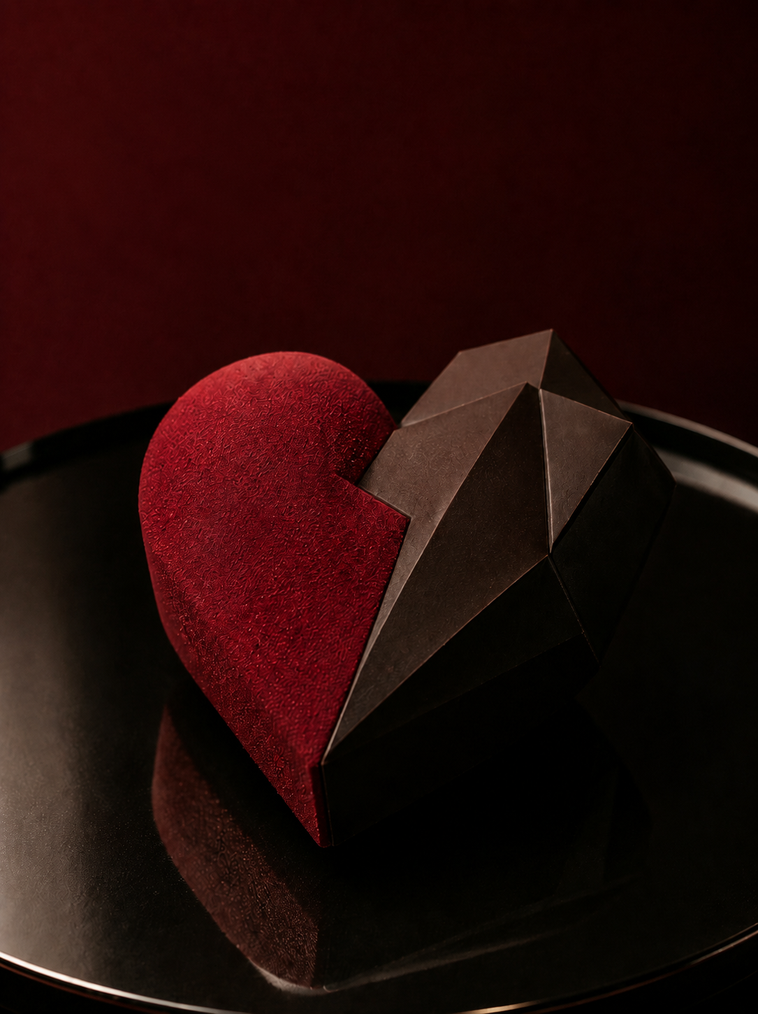 Entremets cœur bicolore – moitié velours rouge, moitié chocolat géométrique, fond bordeaux