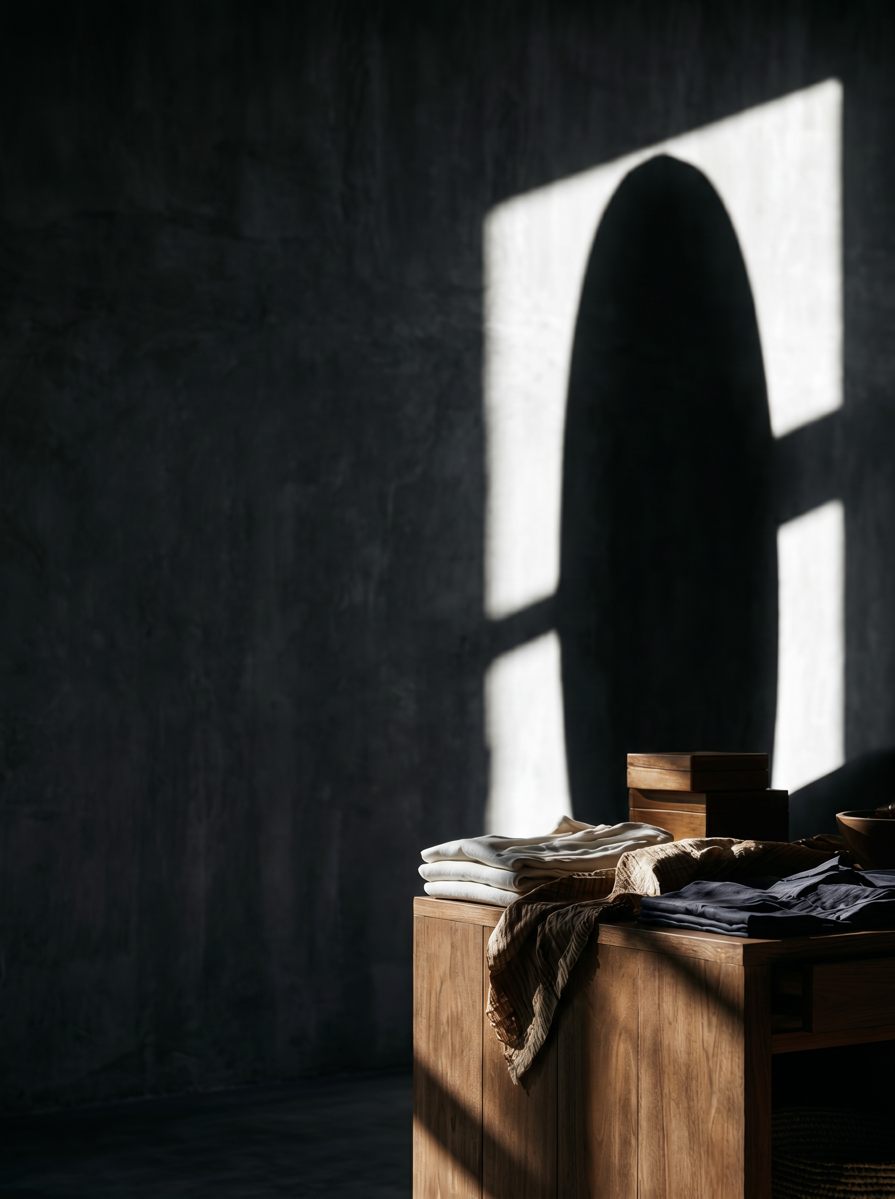 Silhouette de planche de surf contre un mur sombre avec textiles pliés sur banc en bois