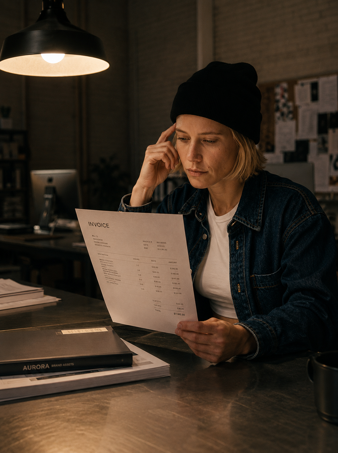 Directrice artistique – lecture facture, lampe, studio sombre