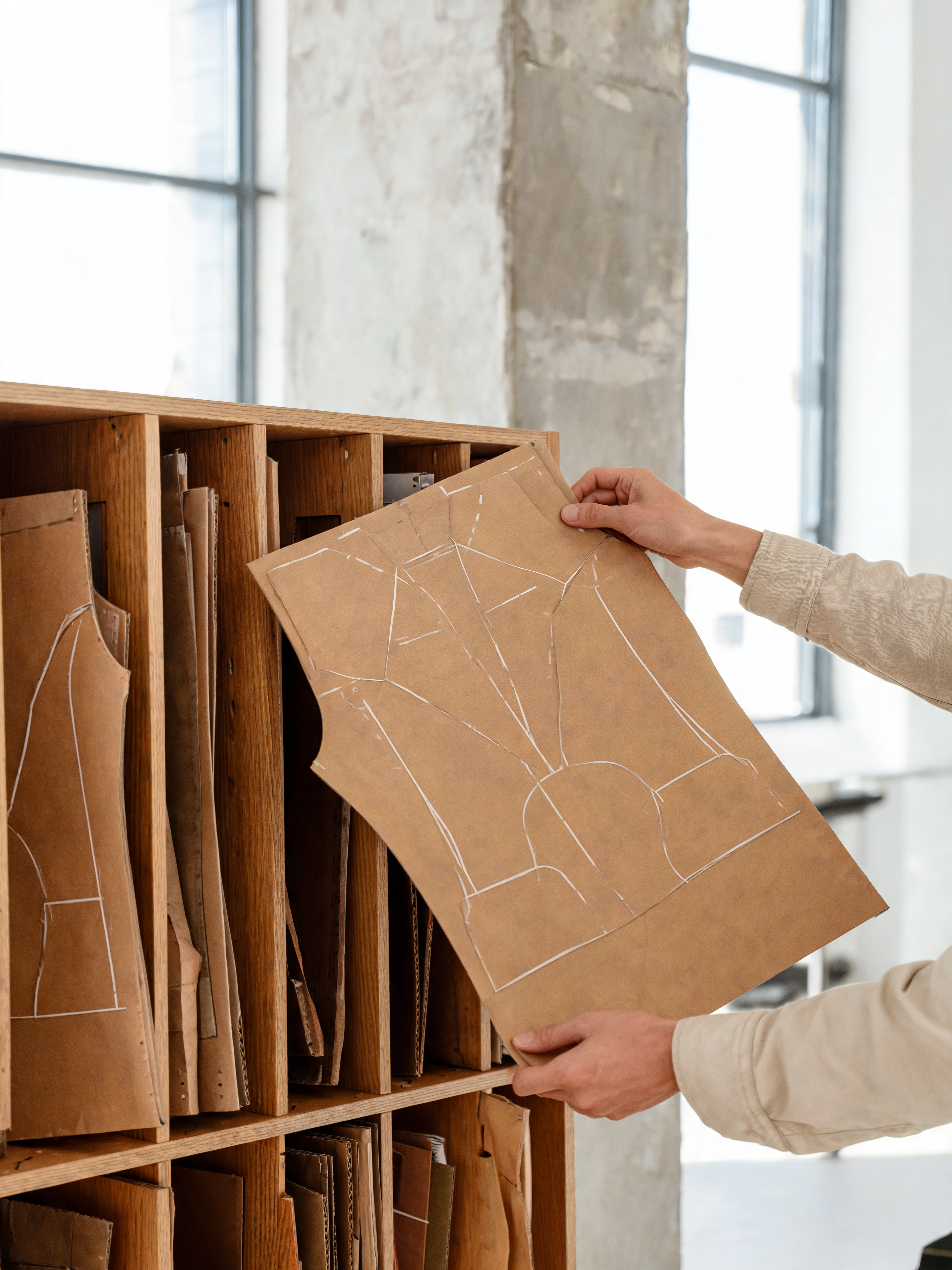 Mains rangeant patron couture papier kraft – casiers bois compartimentés, fenêtre loft fond