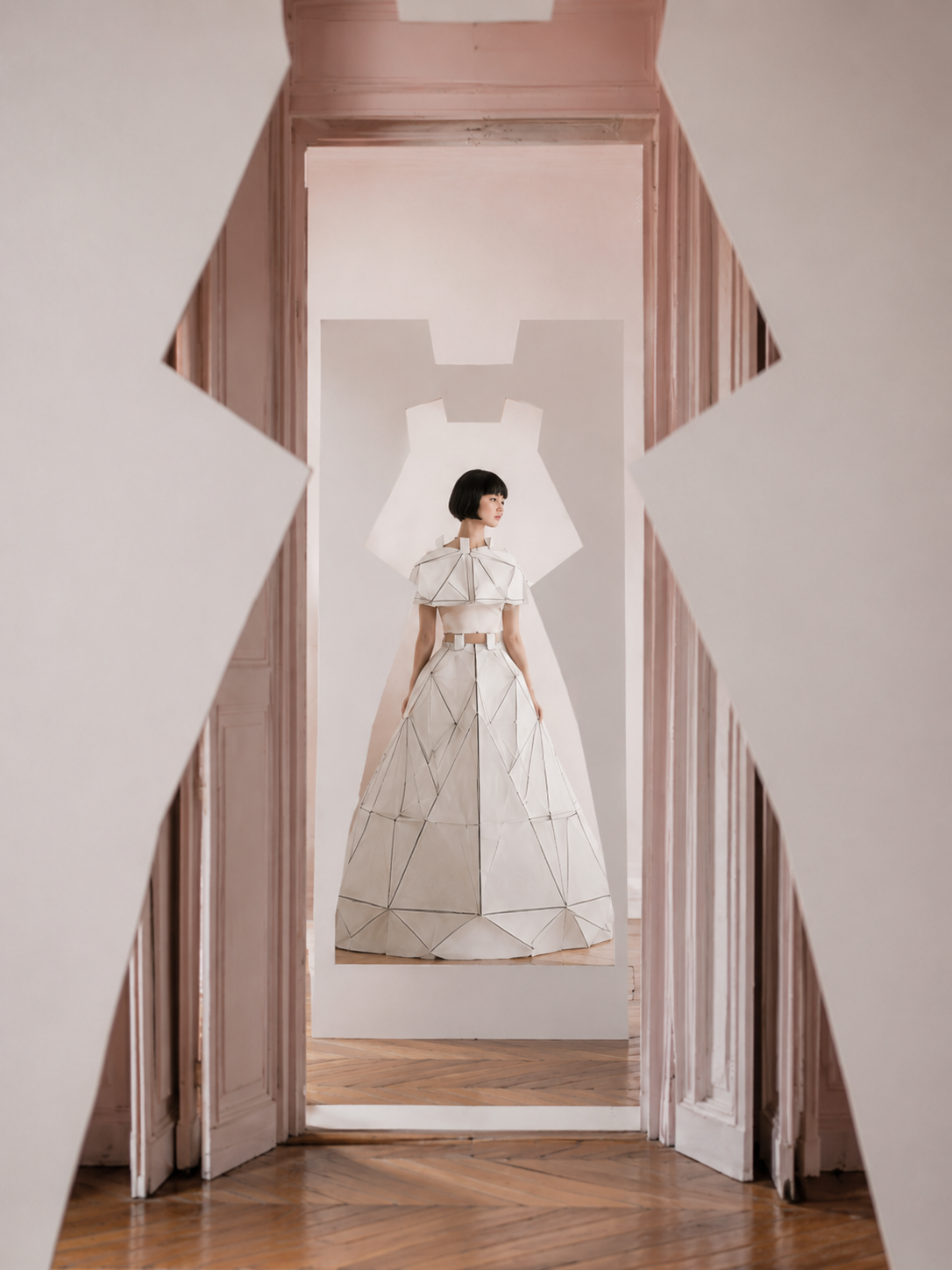Femme en robe origami encadrée par découpe en forme de robe – salon haussmannien rose