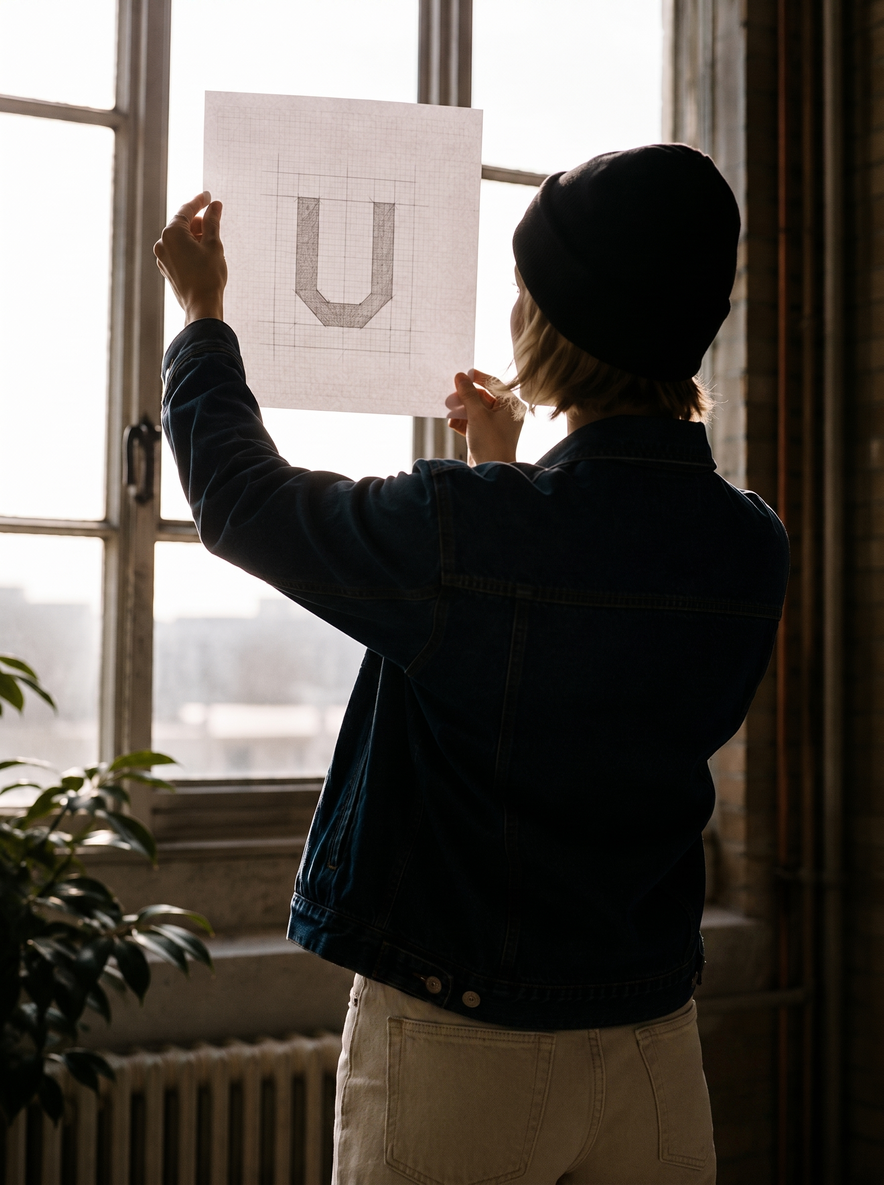 Directrice artistique de dos – grille de construction lettre U, contre-jour, fenêtre