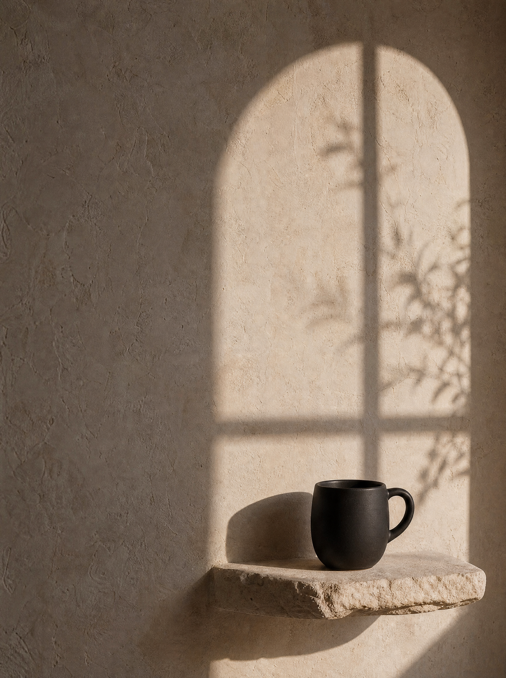 Mug noir sur rebord pierre – ombre arche et branche sur mur enduit beige, composition aérée