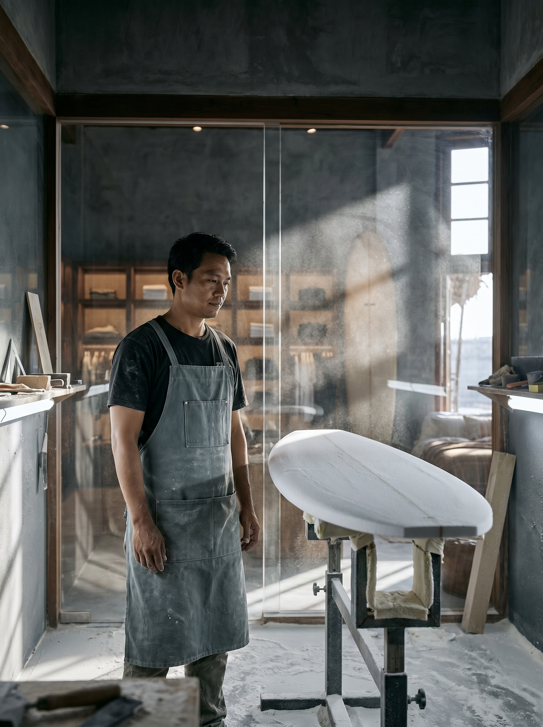 Artisan en tablier denim debout dans un atelier de façonnage de planches de surf