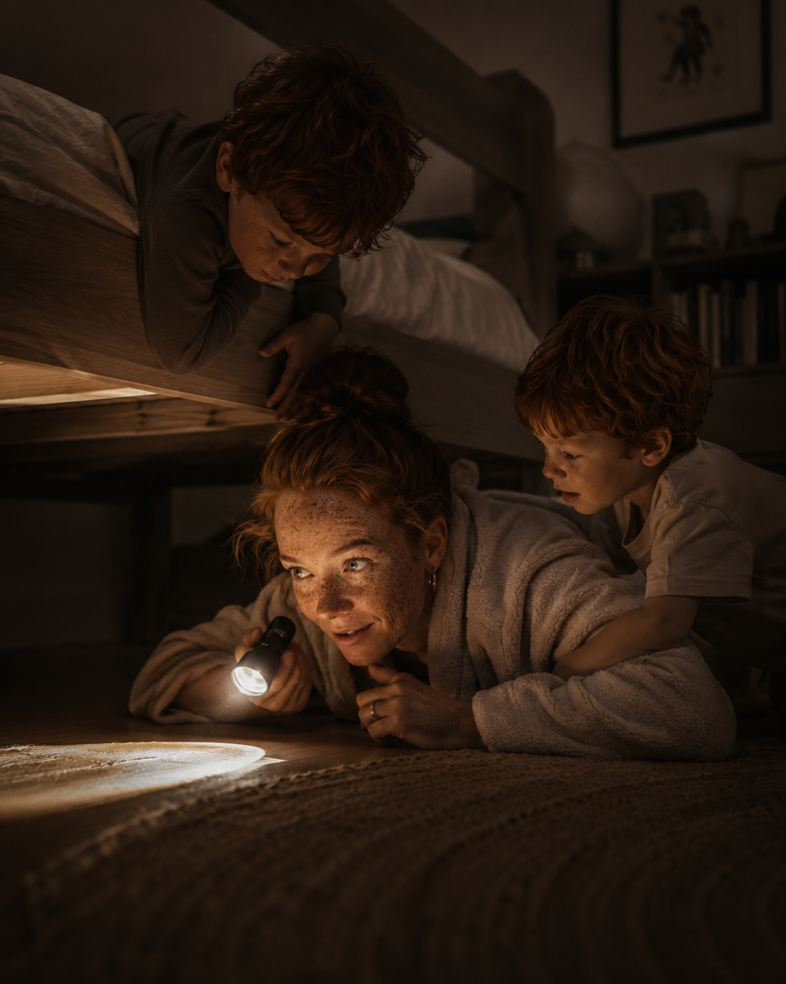 Mère et fils explorant sous le lit avec une lampe torche la nuit