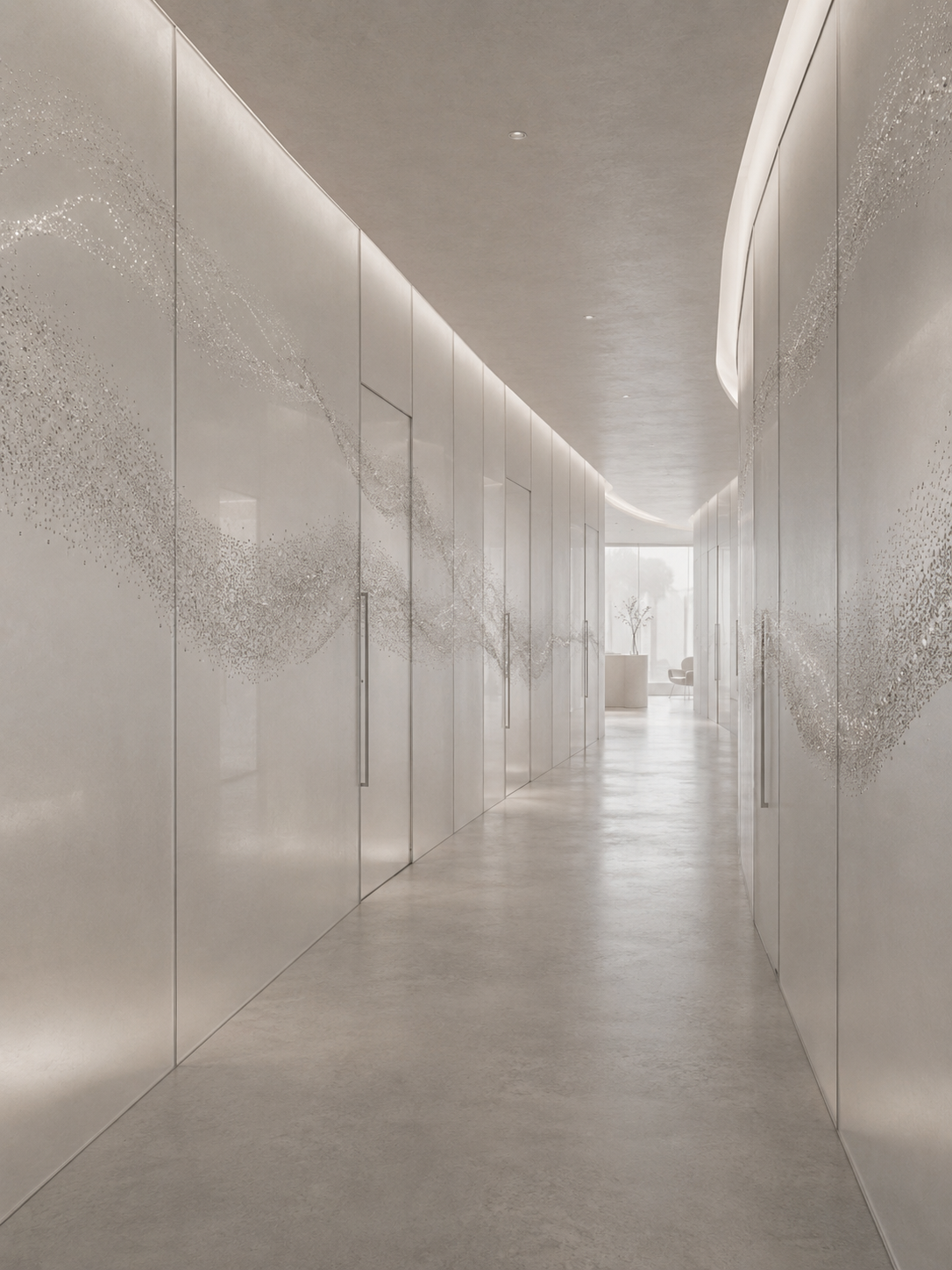 Couloir architectural blanc en perspective avec installations de perles sur les murs et éclairage LED