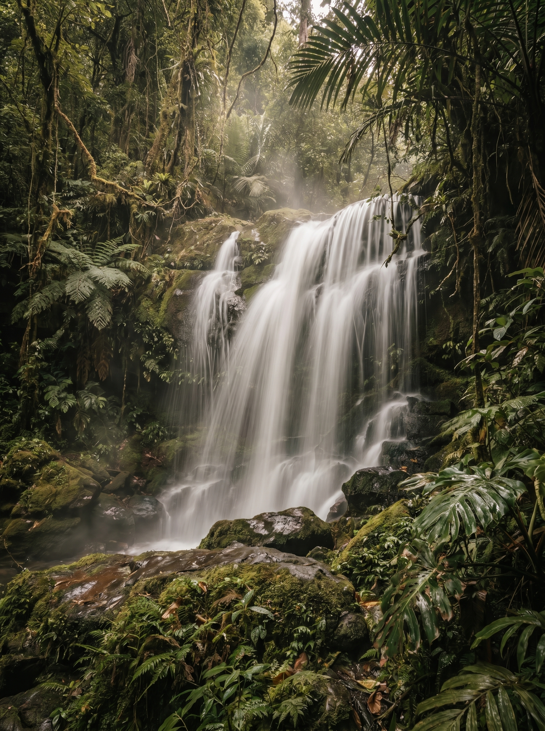 Cascade tropicale spectaculaire en forêt dense avec rochers recouverts de mousse, fougères et brume laiteuse, pose longue