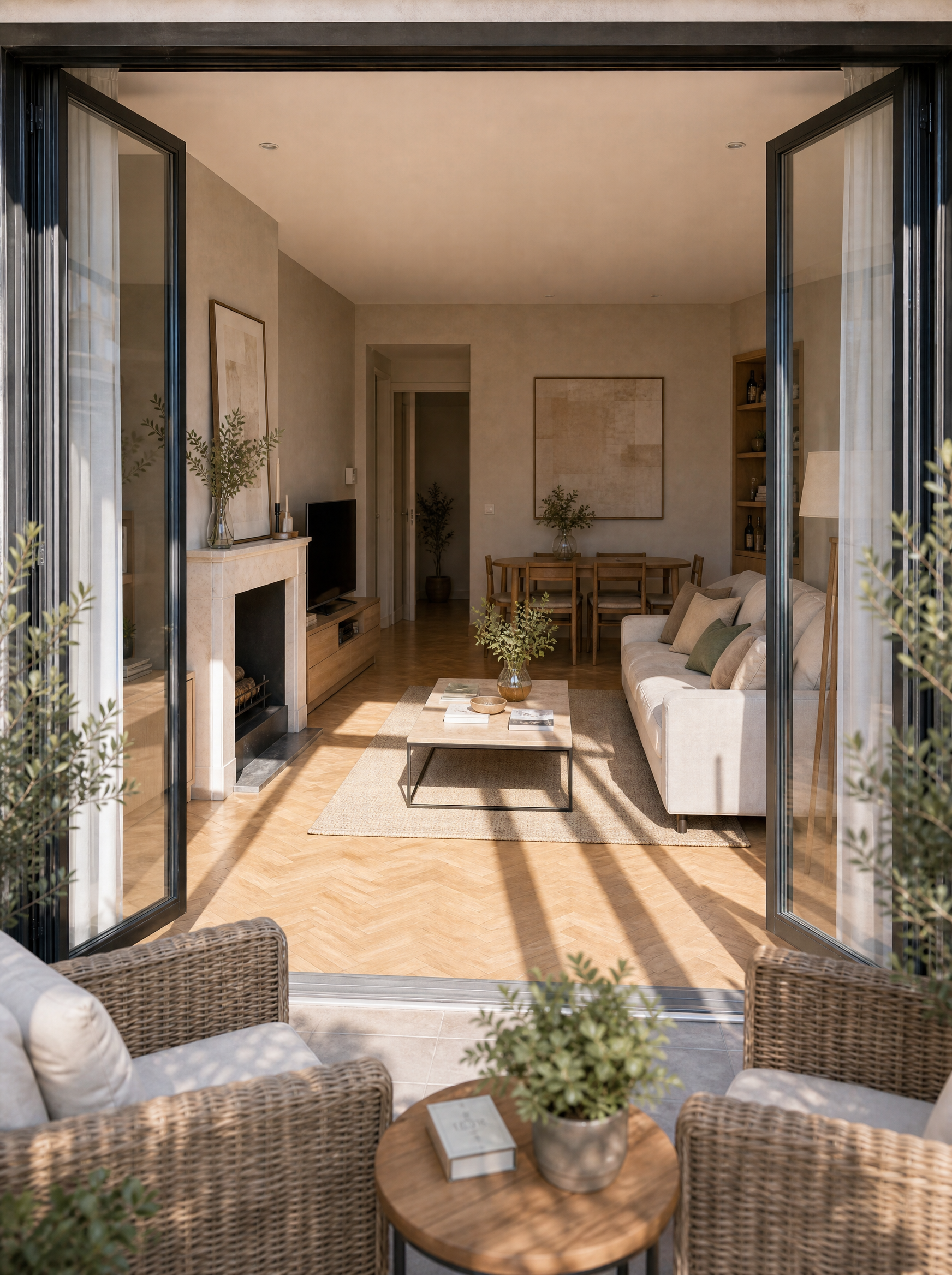 Vue depuis la terrasse fleurie d'une maison vers le salon ouvert avec oliviers et mobilier de jardin en rotin