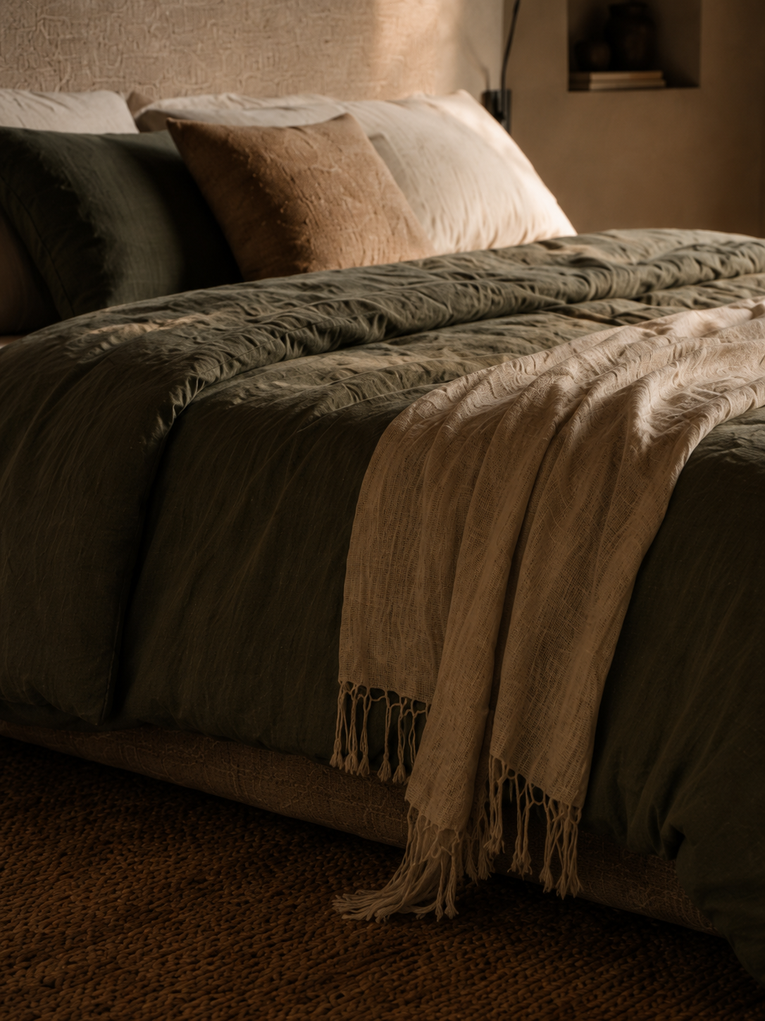 Lit avec draps en lin froissés aux tons naturels dans une chambre cosy