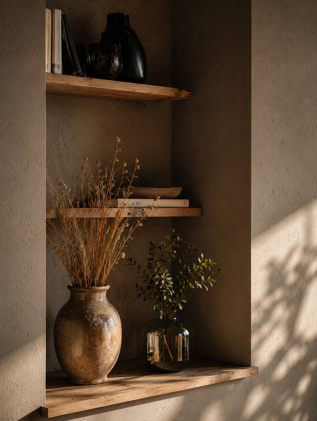 Niche décorative avec vases en céramique et plante verte